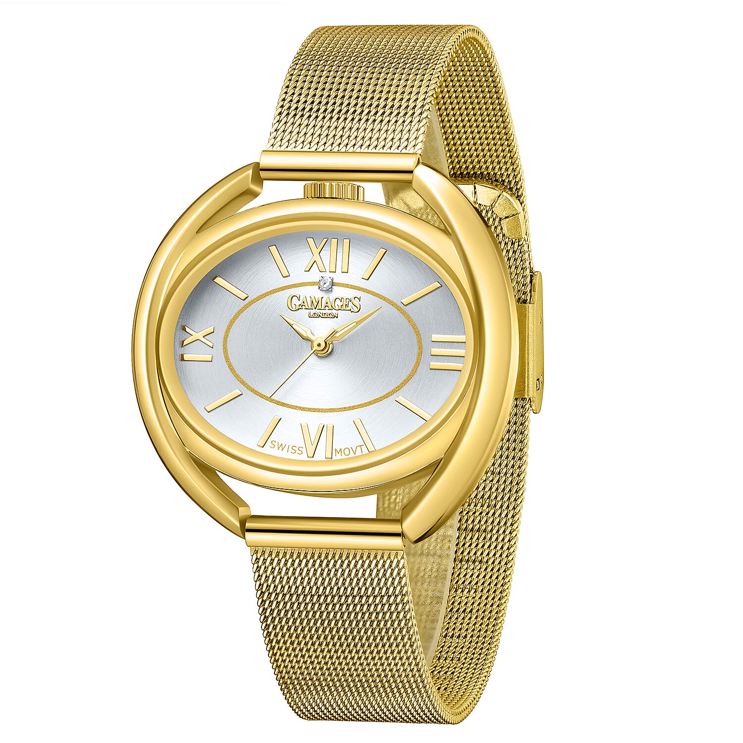 The Gamages Of London Ringlet Diamond Swiss Quartz Movement Blue Dial Water Resistant Watch with Gold Milanese Bracelet