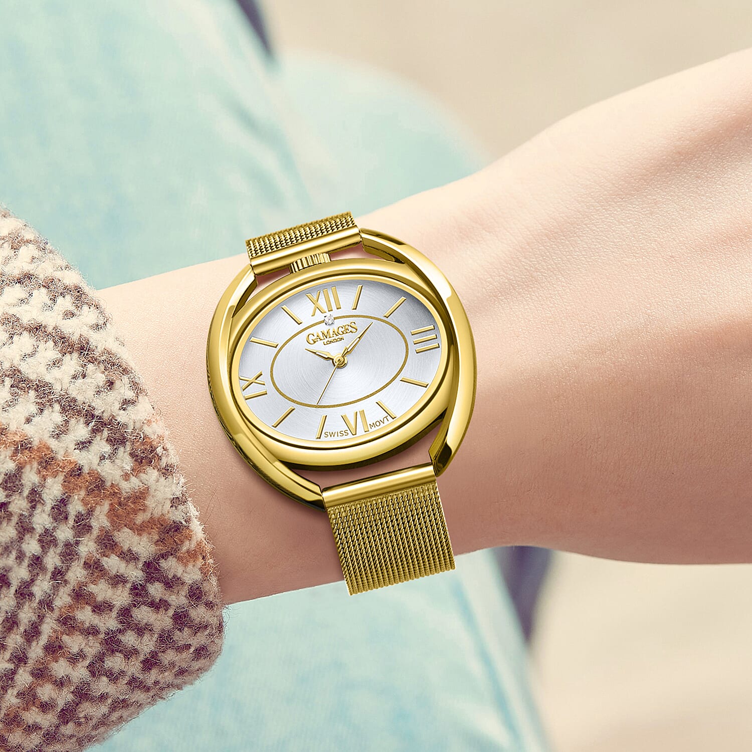 The Gamages Of London Ringlet Diamond Swiss Quartz Movement Blue Dial Water Resistant Watch with Gold Milanese Bracelet