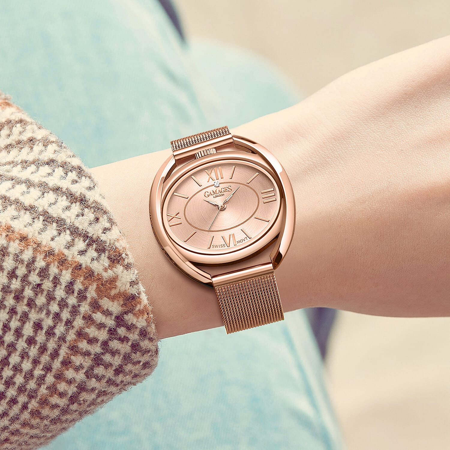 The Gamages Of London Ringlet Diamond Swiss Quartz Movement Rose Dial Water Resistant Watch with Rose Gold Milanese Bracelet