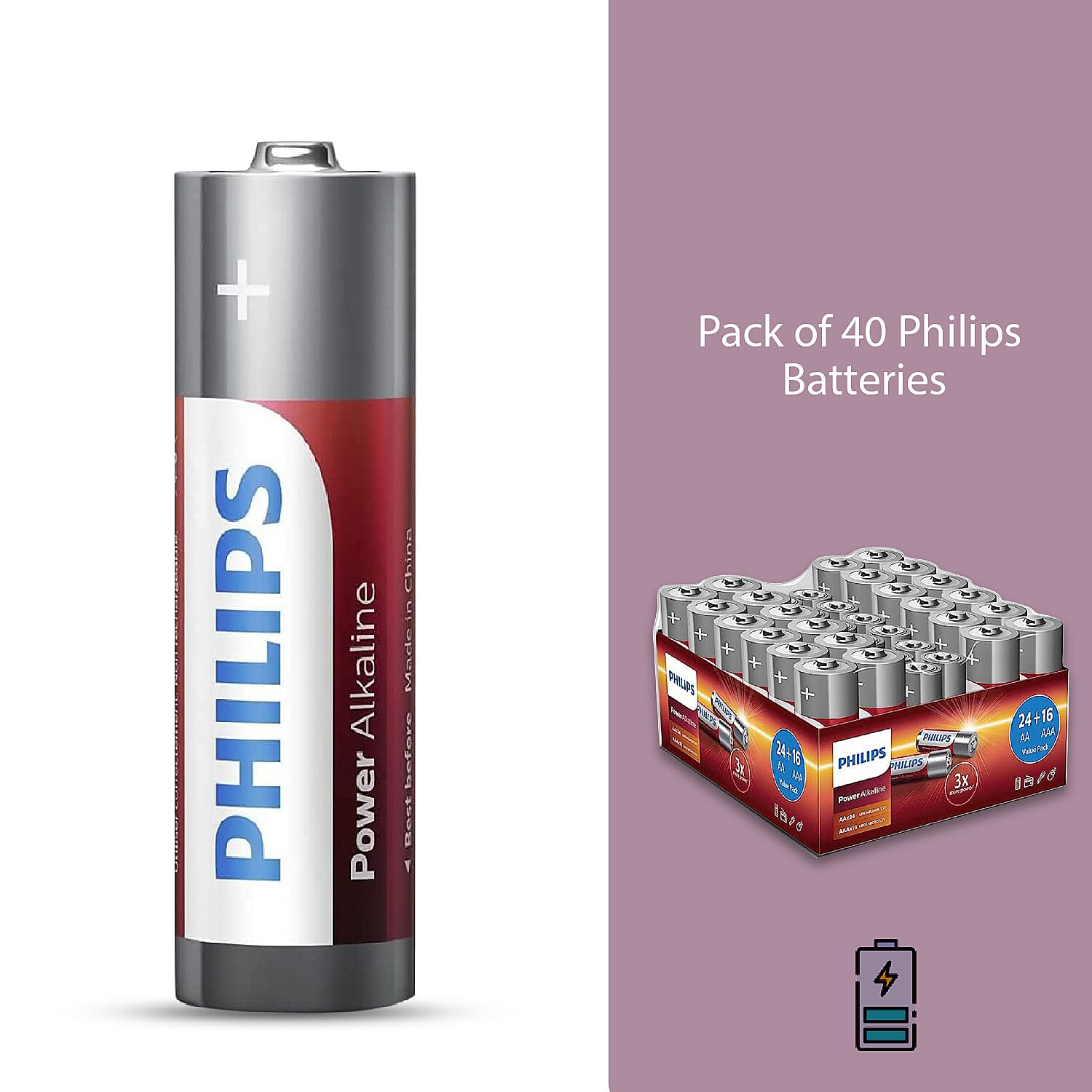 40 PHILLIPS Batteries- 24x AA and 16x AAA - Power Alkaline with Long Life