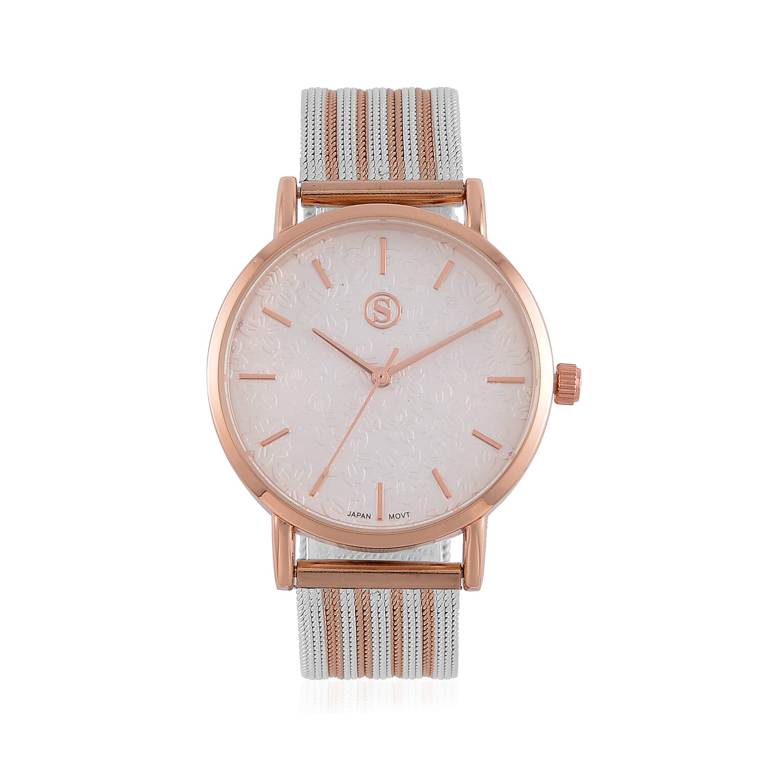 STRADA Japanese Movement Floral Pattern Hydraulic Literal Water Resistant Watch With Rose Gold - White Stainless Steel Mesh Strap