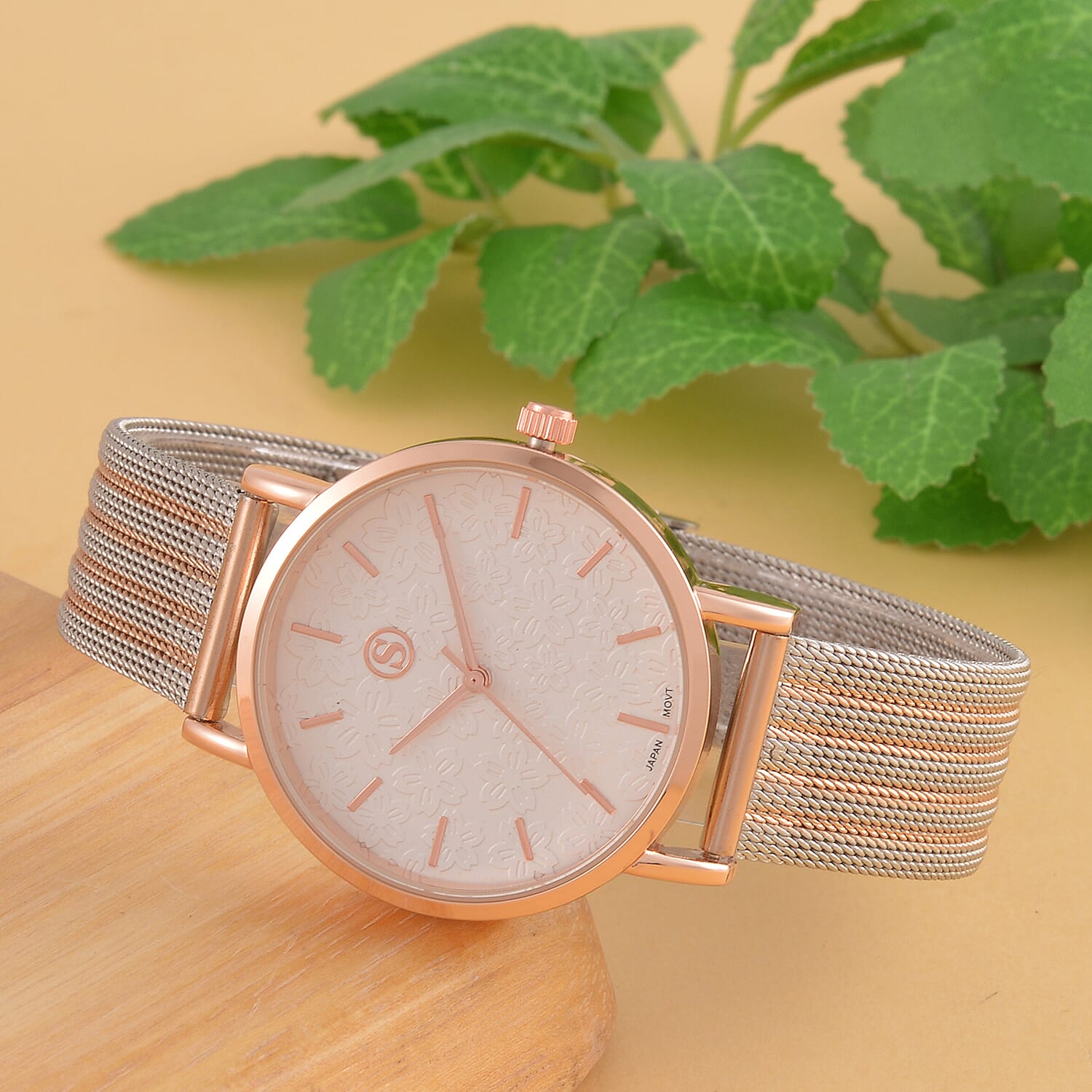 STRADA Japanese Movement Floral Pattern Hydraulic Literal Water Resistant Watch With Rose Gold - White Stainless Steel Mesh Strap