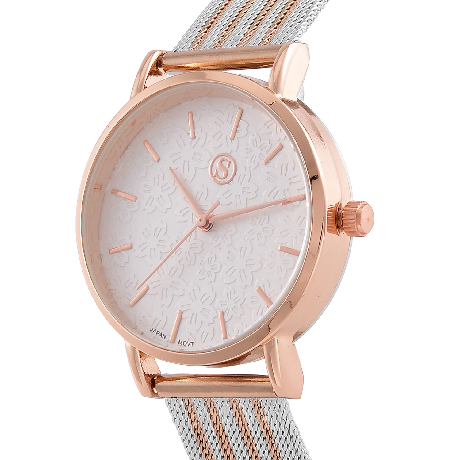STRADA Japanese Movement Floral Pattern Hydraulic Literal Water Resistant Watch With Rose Gold - White Stainless Steel Mesh Strap