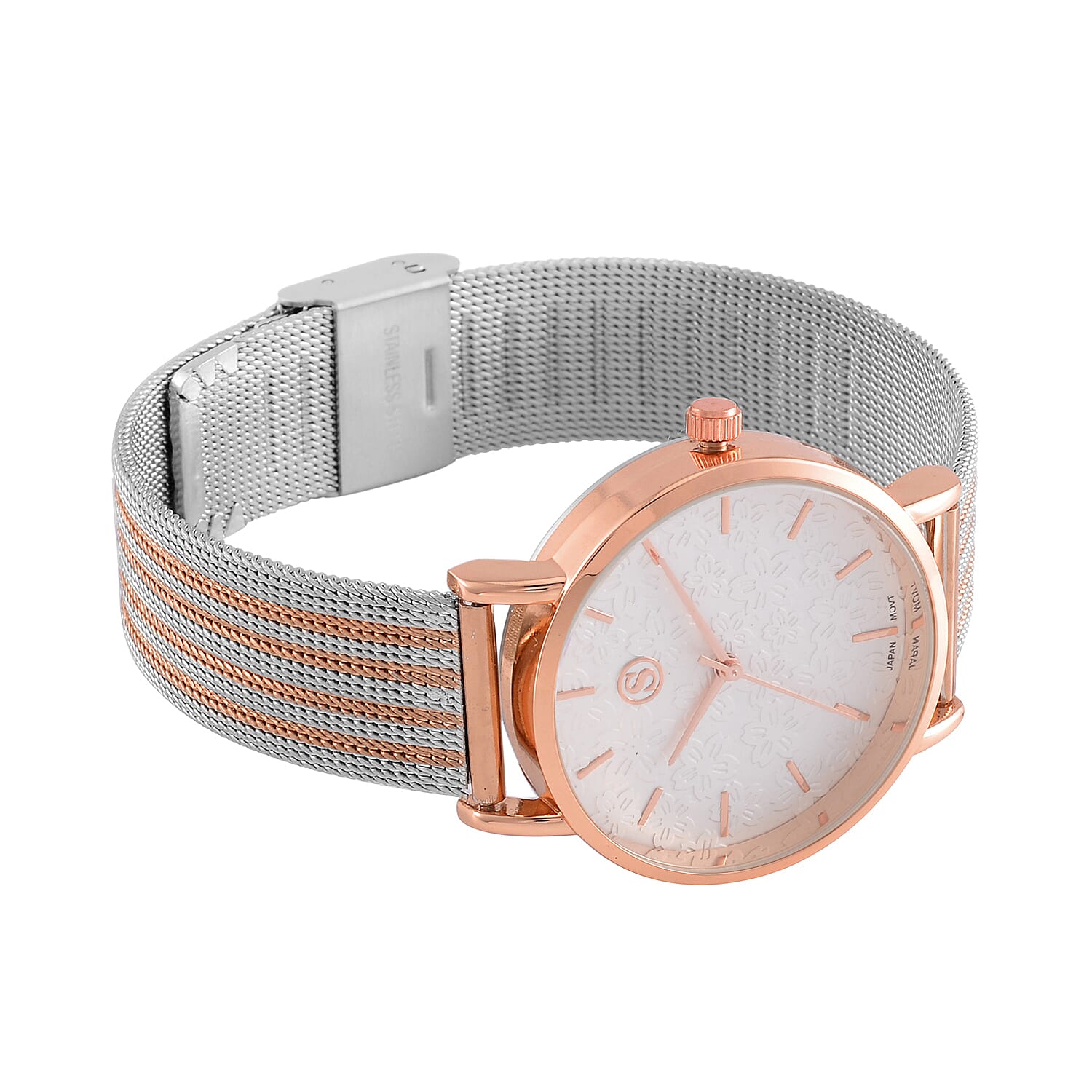 STRADA Japanese Movement Floral Pattern Hydraulic Literal Water Resistant Watch With Rose Gold - White Stainless Steel Mesh Strap