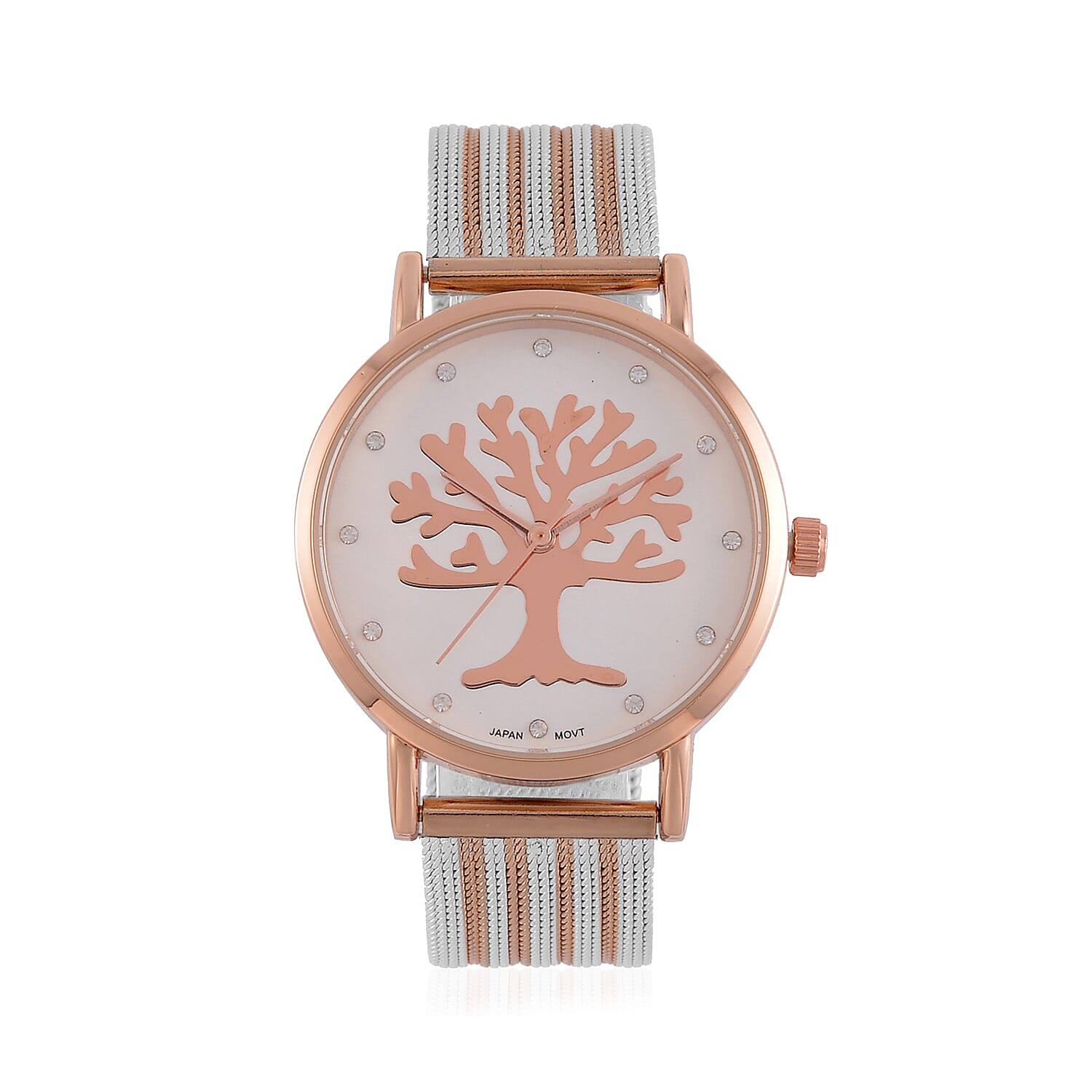 STRADA Japanese Movement Tree Pattern Water Resistant Watch in Rose Gold Tone with Stainless Steel Mesh Strap