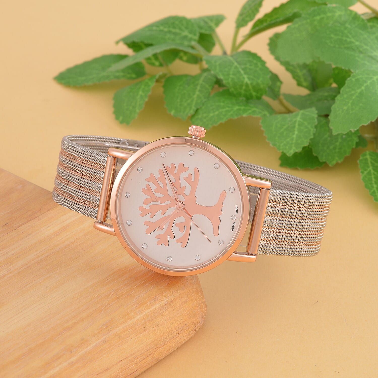 STRADA Japanese Movement Tree Pattern Water Resistant Watch in Rose Gold Tone with Stainless Steel Mesh Strap