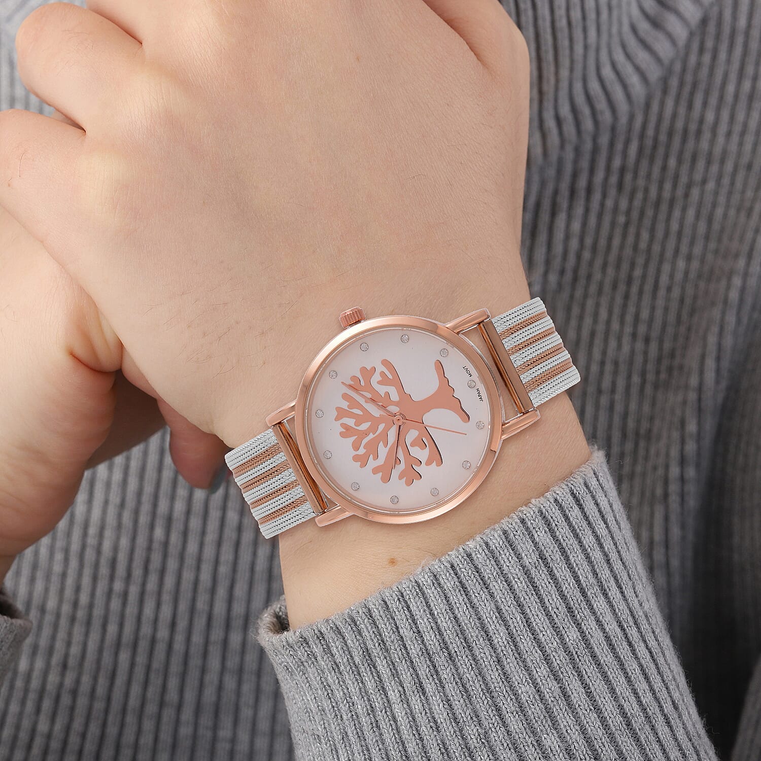 STRADA Japanese Movement Tree Pattern Water Resistant Watch in Rose Gold Tone with Stainless Steel Mesh Strap