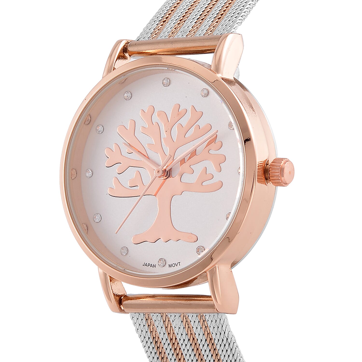 STRADA Japanese Movement Tree Pattern Water Resistant Watch in Rose Gold Tone with Stainless Steel Mesh Strap