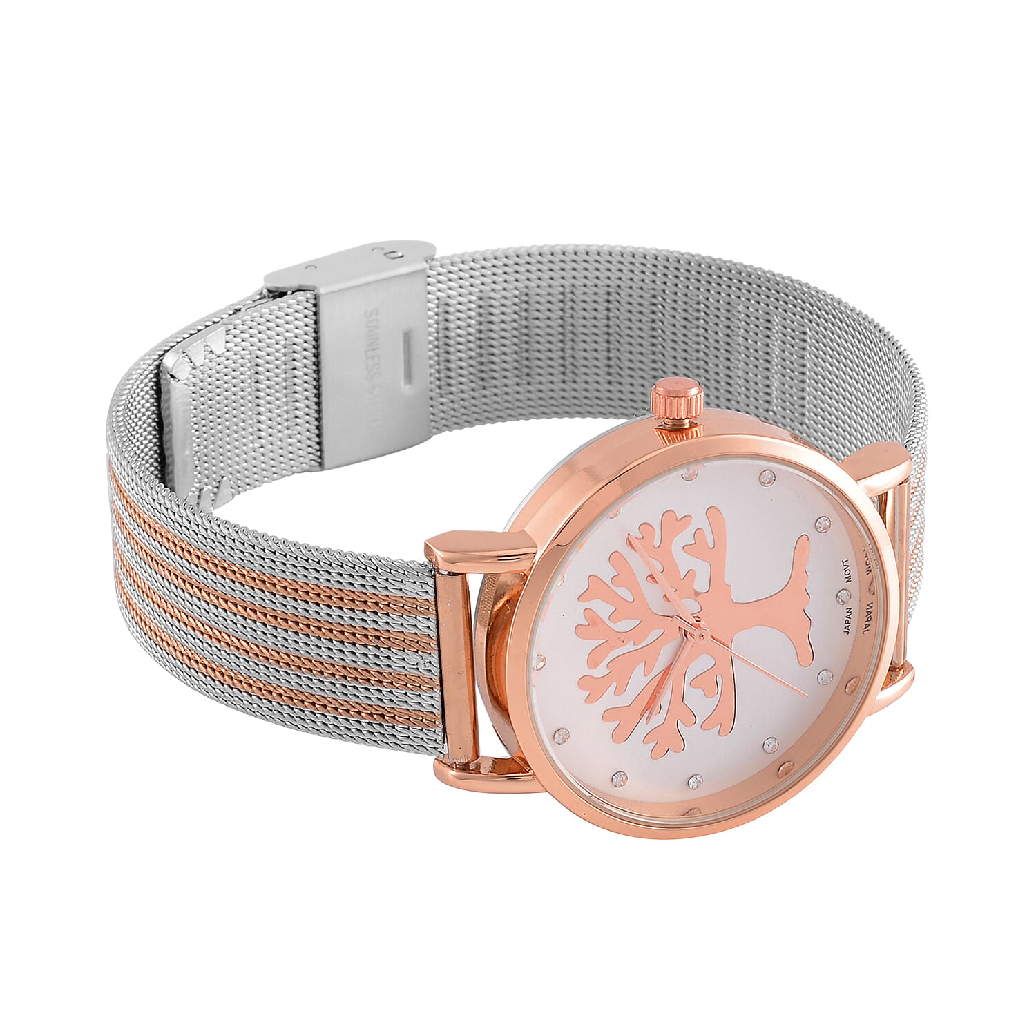 STRADA Japanese Movement Tree Pattern Water Resistant Watch in Rose Gold Tone with Stainless Steel Mesh Strap