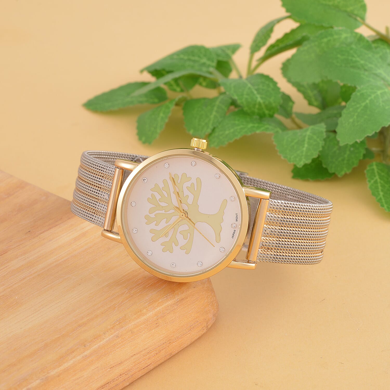 STRADA Japanese Movt.Tree of Life Dial Water Resistant Watch in Gold Tone with Stainless Steel Mesh Strap