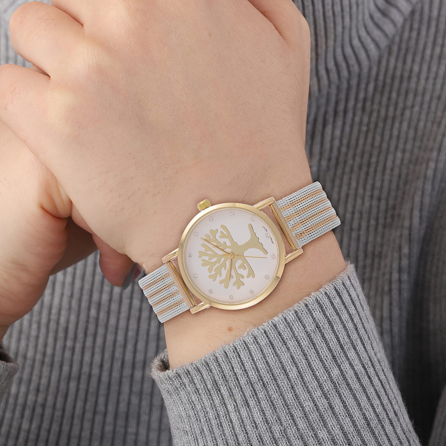 STRADA Japanese Movt.Tree of Life Dial Water Resistant Watch in Gold Tone with Stainless Steel Mesh Strap