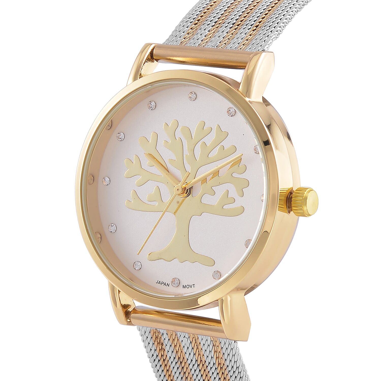 STRADA Japanese Movt.Tree of Life Dial Water Resistant Watch in Gold Tone with Stainless Steel Mesh Strap