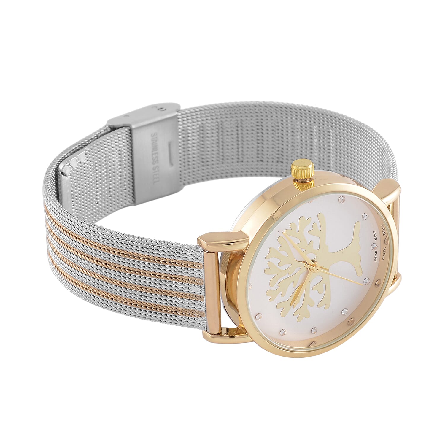 STRADA Japanese Movt.Tree of Life Dial Water Resistant Watch in Gold Tone with Stainless Steel Mesh Strap