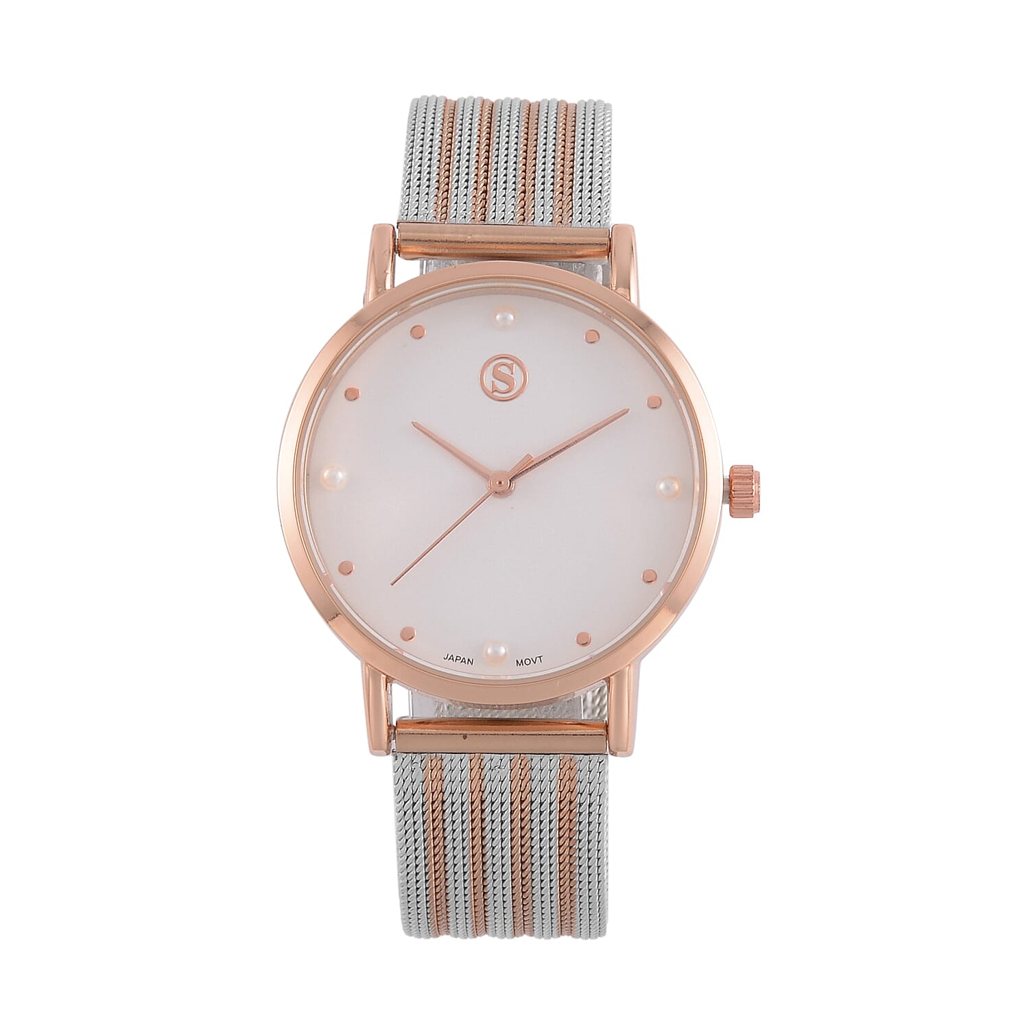 STRADA Japanese Movement White Dial Water Resistant Watch in Rose Gold Tone with Stainless Steel Mesh Strap