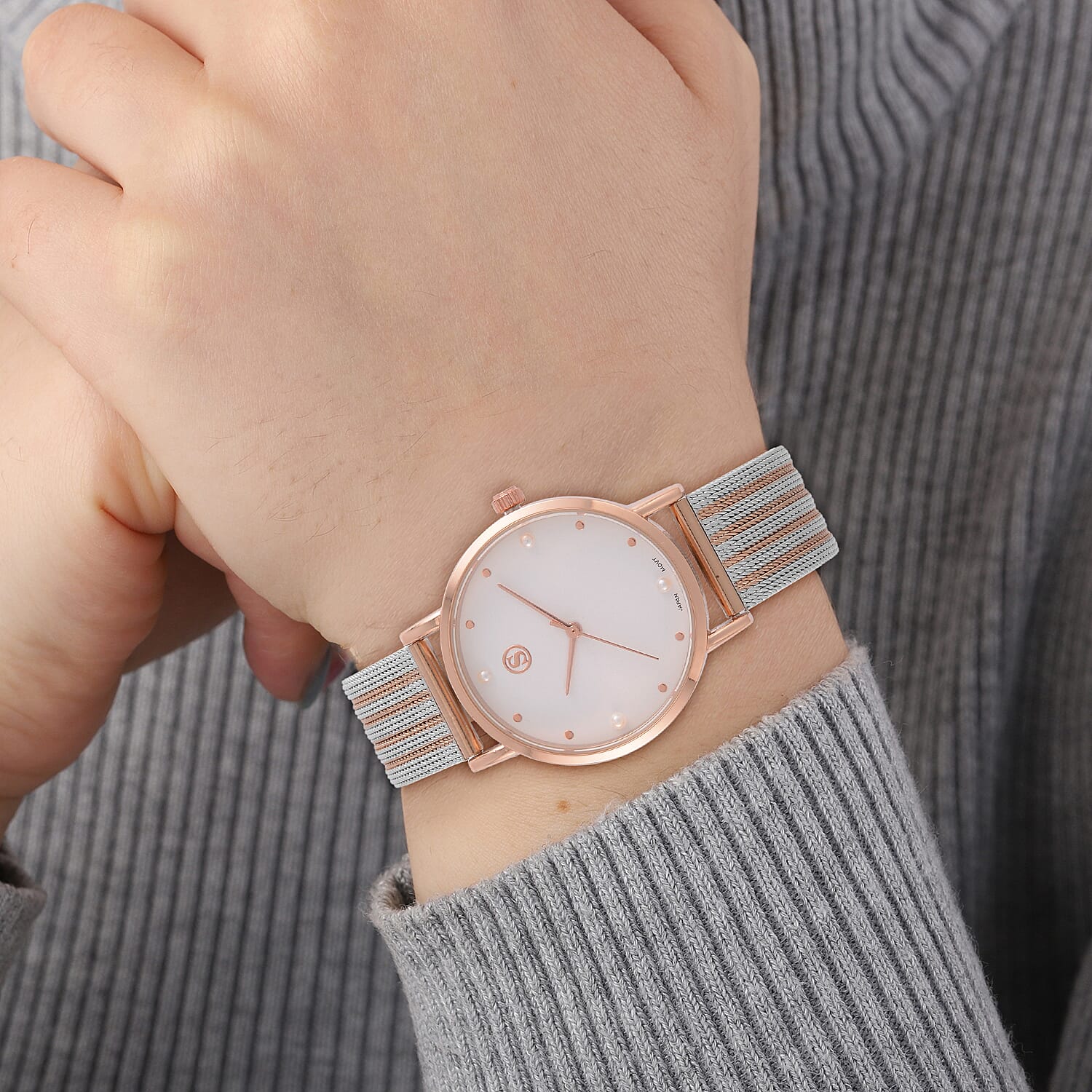 STRADA Japanese Movement White Dial Water Resistant Watch in Rose Gold Tone with Stainless Steel Mesh Strap