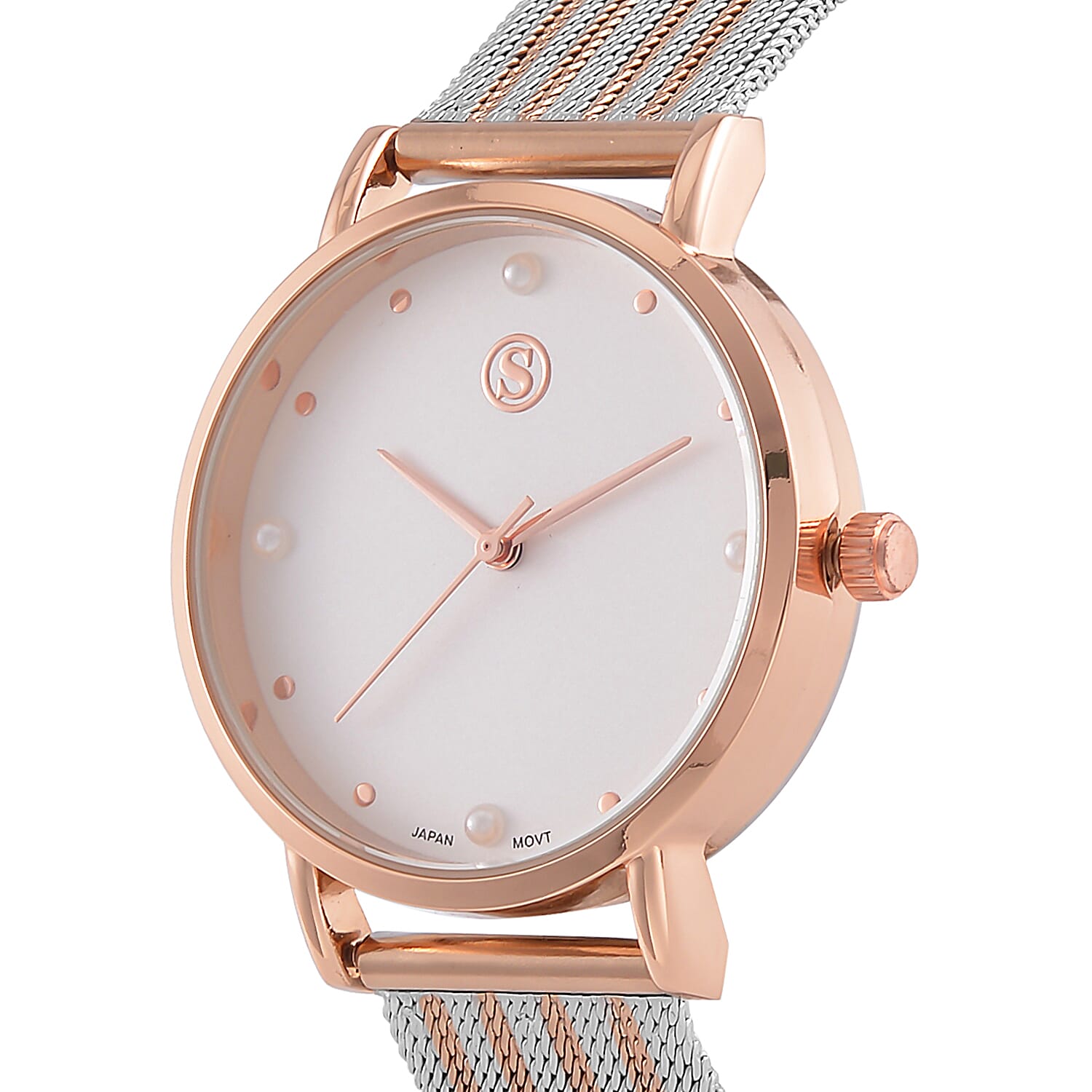 STRADA Japanese Movement White Dial Water Resistant Watch in Rose Gold Tone with Stainless Steel Mesh Strap