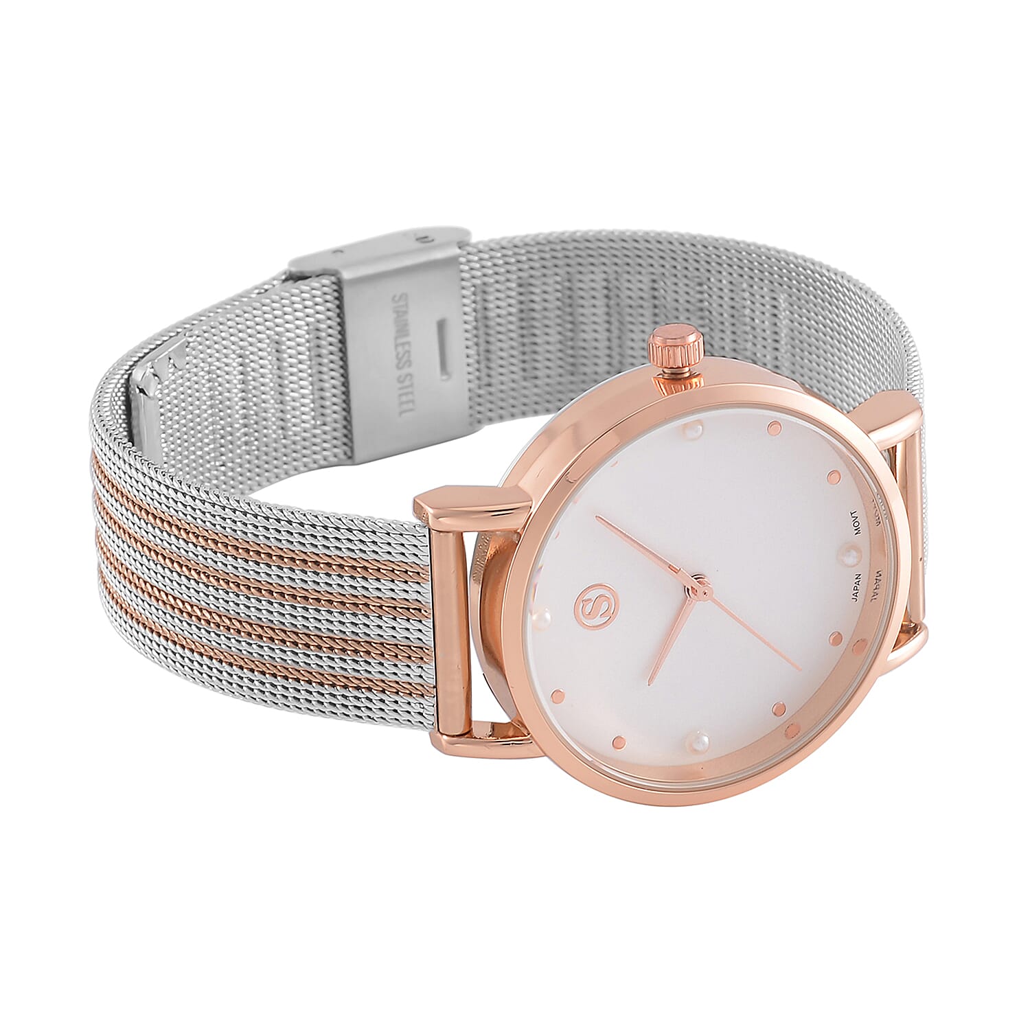 STRADA Japanese Movement White Dial Water Resistant Watch in Rose Gold Tone with Stainless Steel Mesh Strap
