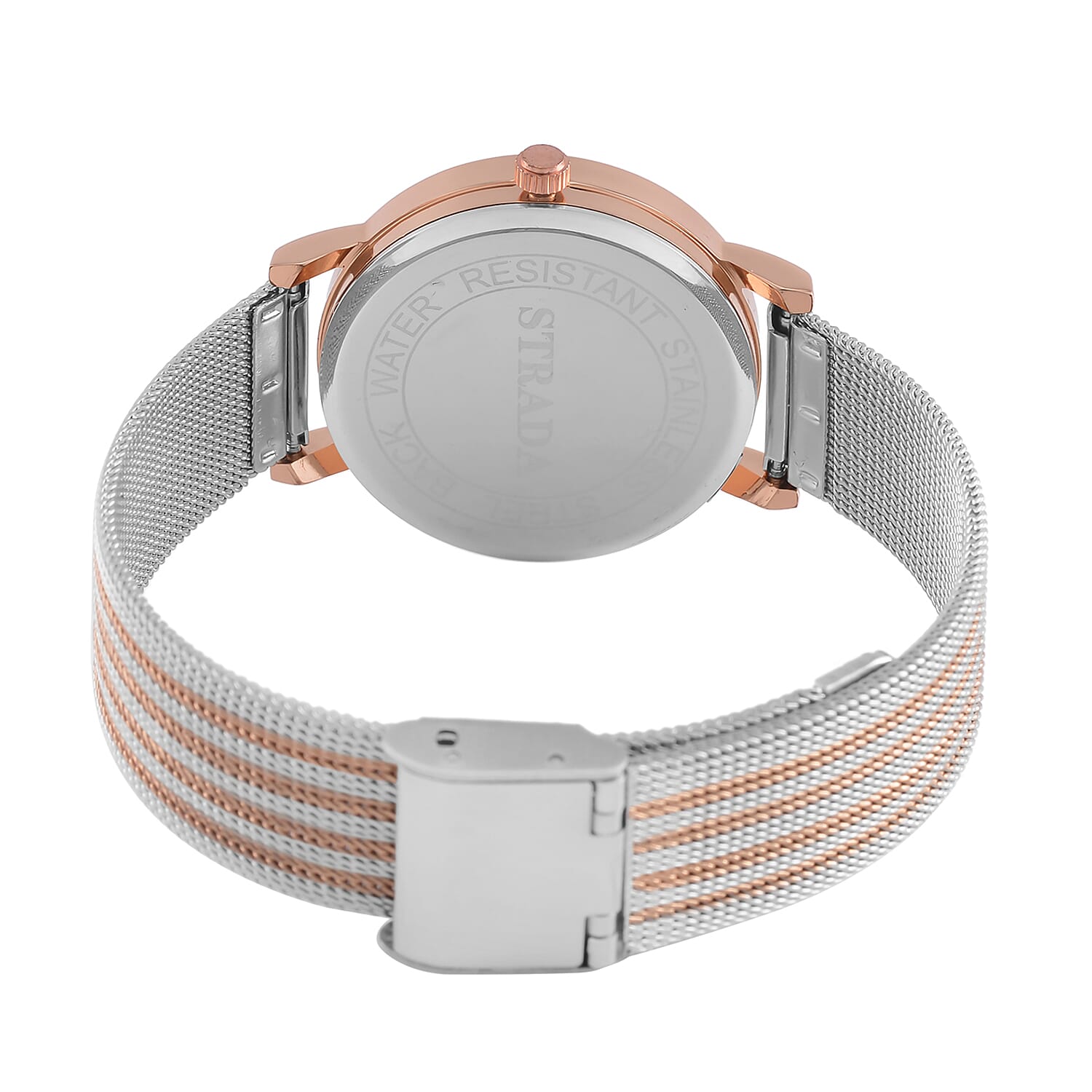 STRADA Japanese Movement White Dial Water Resistant Watch in Rose Gold Tone with Stainless Steel Mesh Strap