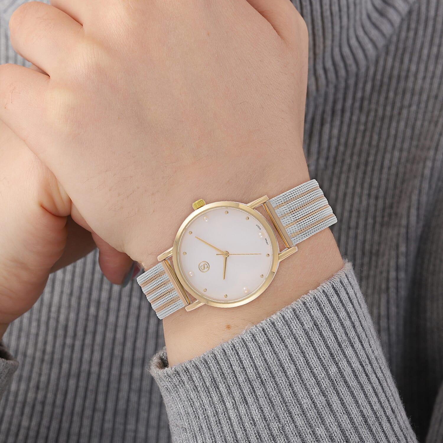 STRADA Japanese Movement White Dial Water Resistant Watch in Gold Tone with Stainless Steel Mesh Strap