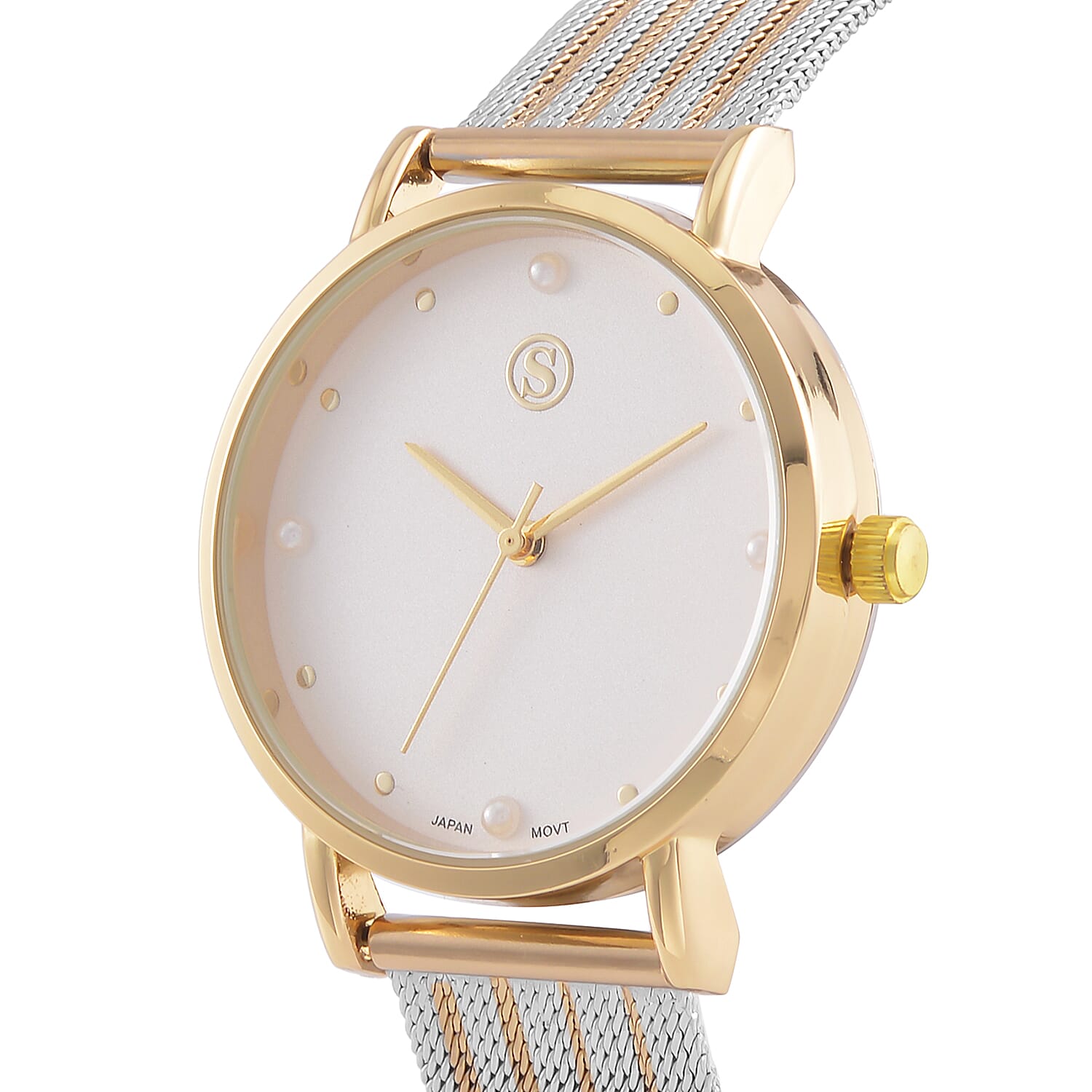 STRADA Japanese Movement White Dial Water Resistant Watch in Gold Tone with Stainless Steel Mesh Strap