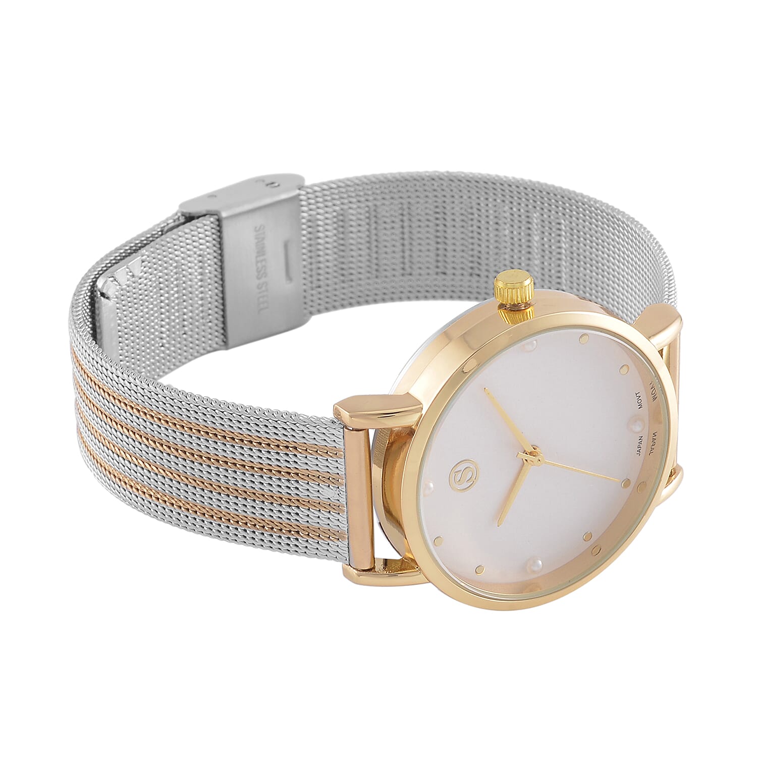 STRADA Japanese Movement White Dial Water Resistant Watch in Gold Tone with Stainless Steel Mesh Strap