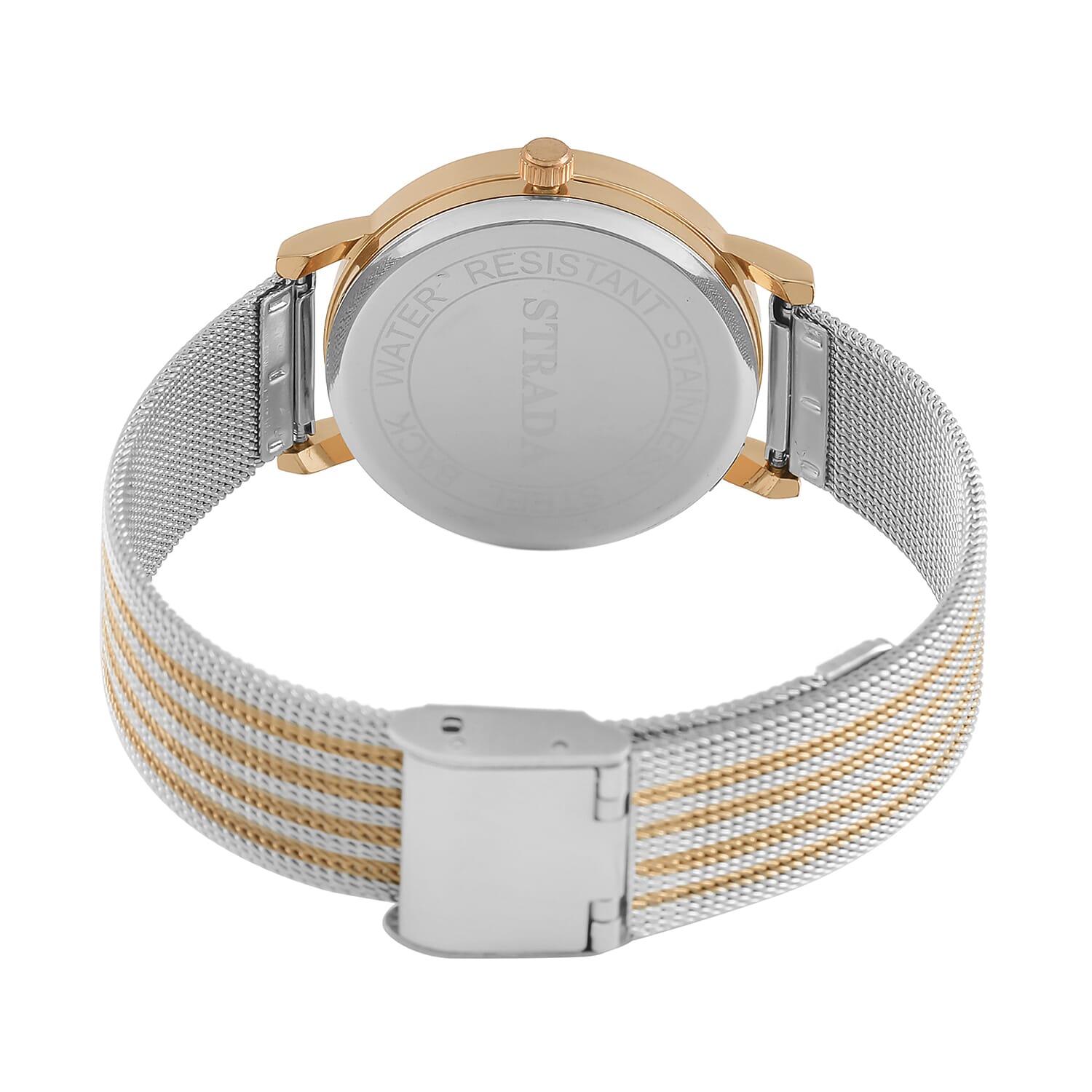 STRADA Japanese Movement White Dial Water Resistant Watch in Gold Tone with Stainless Steel Mesh Strap