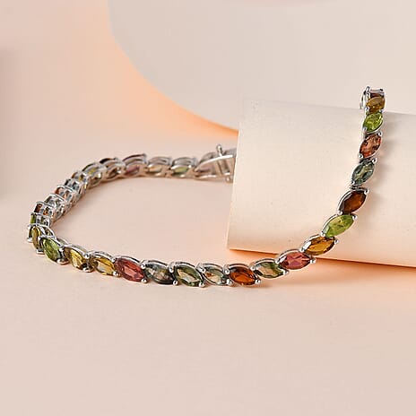 Multi-Tourmaline Linking Tennis Bracelet (Size - 7.5) with GB Lock Box in Platinum Overlay Sterling Silver 8.47 Ct, Silver Wt. 8.15 Gms