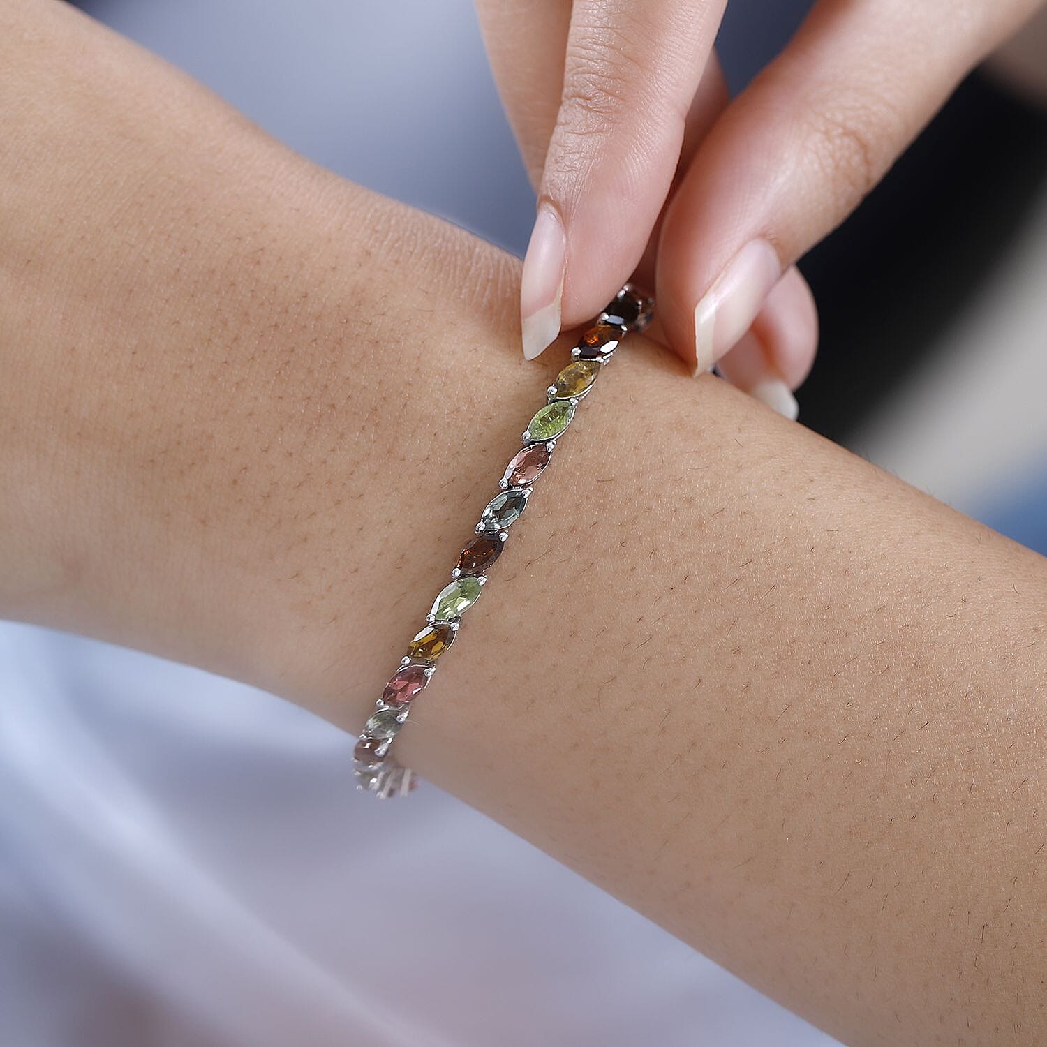 Multi-Tourmaline Linking Tennis Bracelet (Size - 7.5) with GB Lock Box in Platinum Overlay Sterling Silver 8.47 Ct, Silver Wt. 8.15 Gms