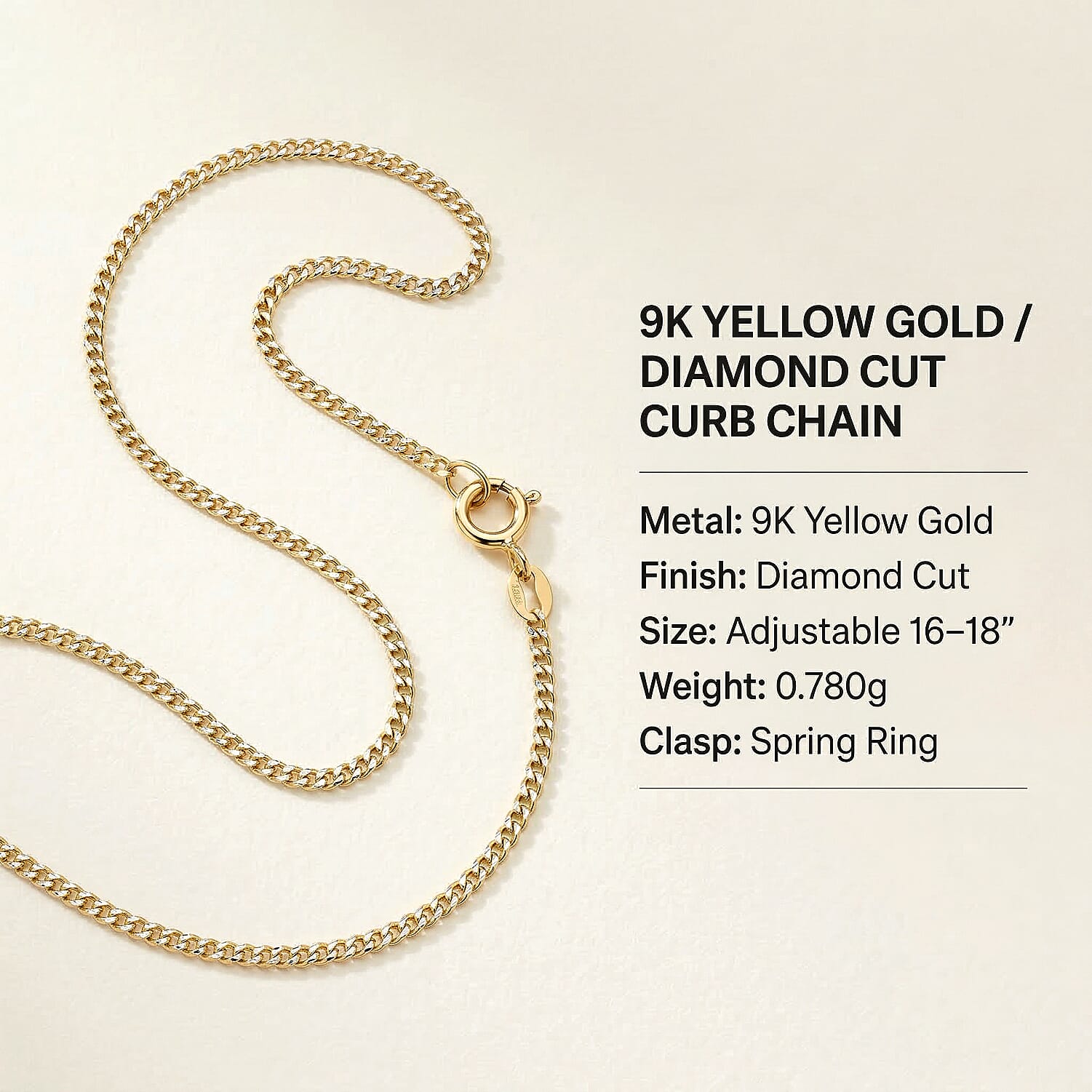 9K Yellow Gold Diamond Cut Curb Chain (Size - Adjustable 16-18) with Spring Ring Clasp
