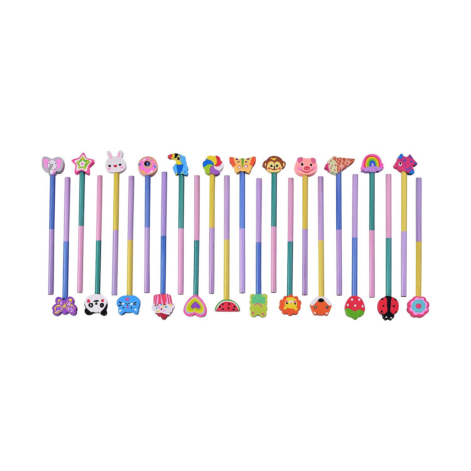 Set of 24 Colourful Pencils with Cartoon Erasers- Multi
