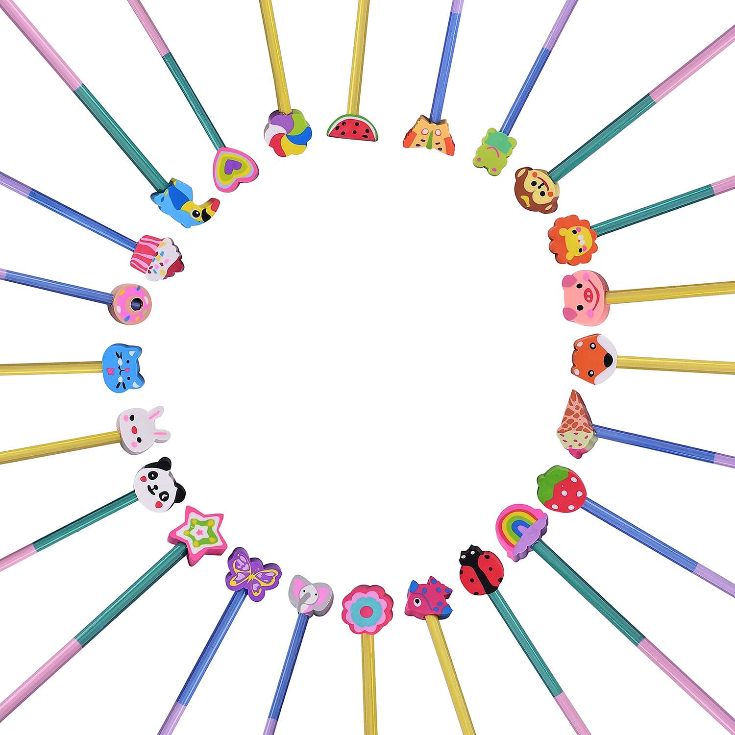 Set of 24 Colourful Pencils with Cartoon Erasers- Multi
