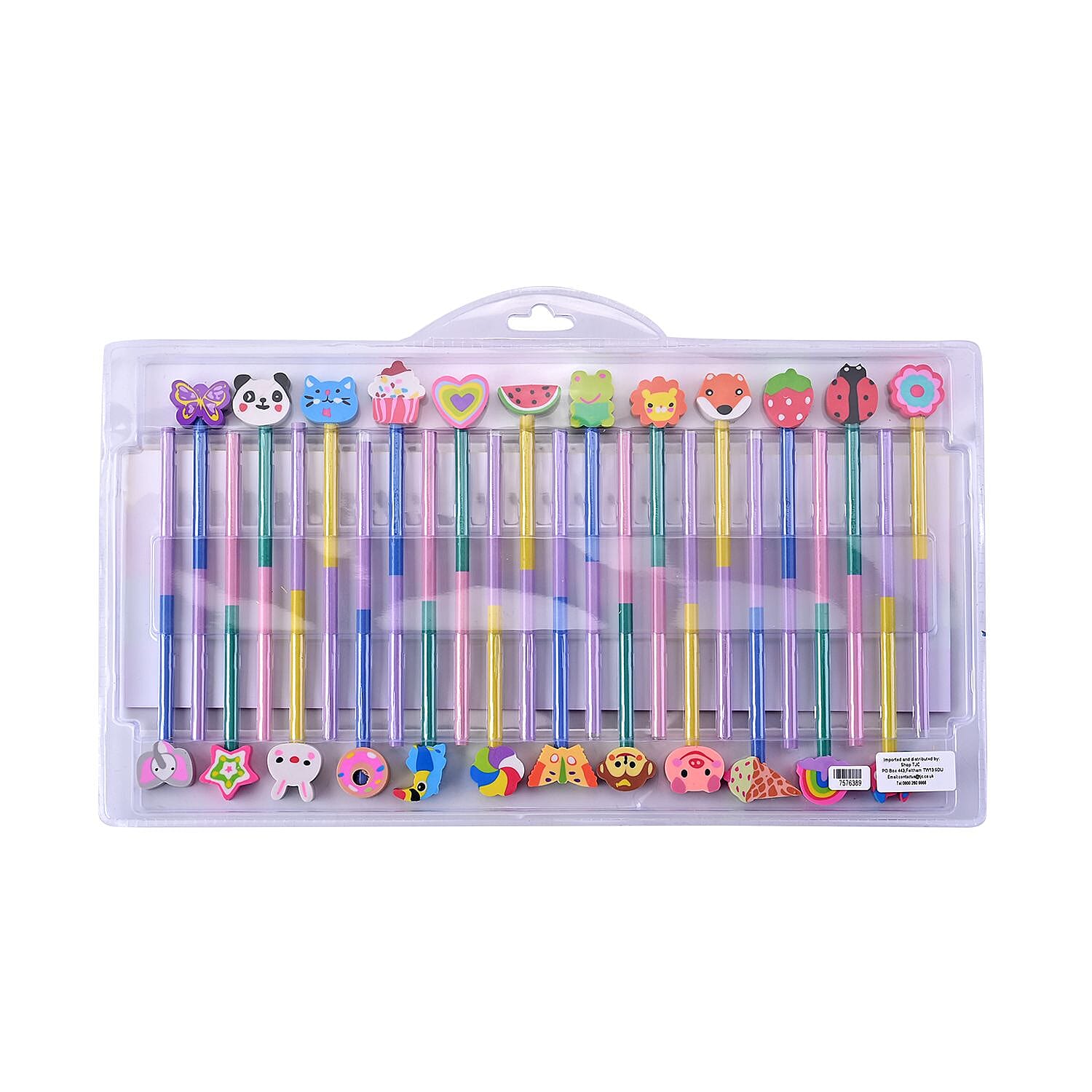 Set of 24 Colourful Pencils with Cartoon Erasers- Multi