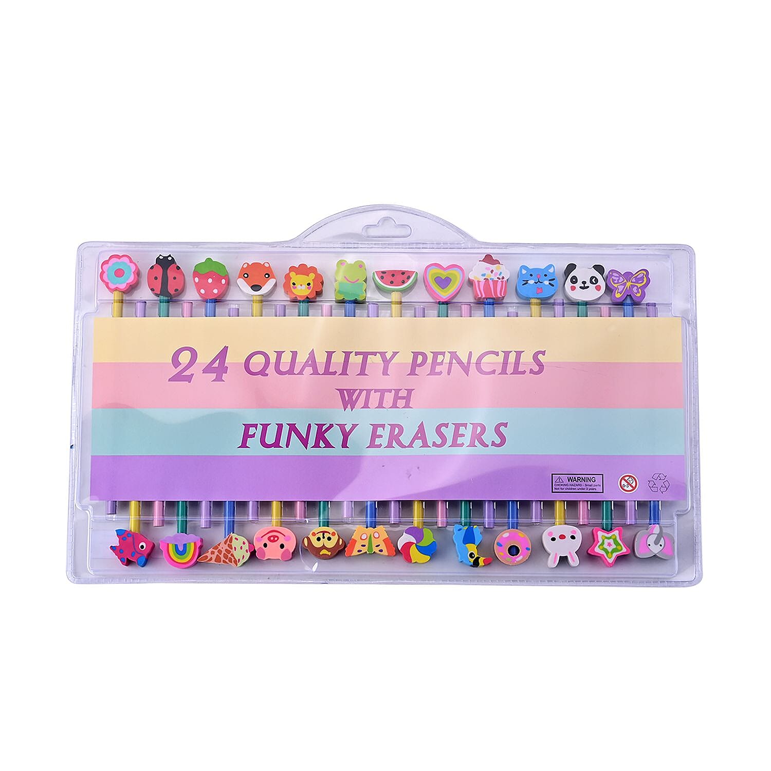 Set of 24 Colourful Pencils with Cartoon Erasers- Multi
