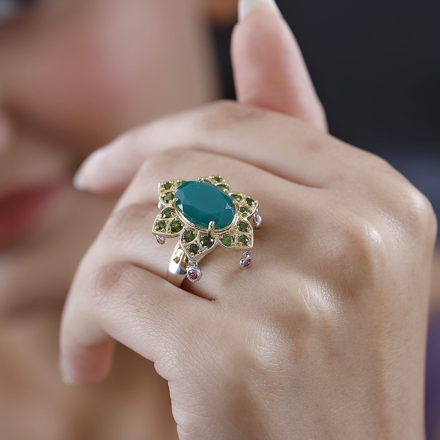 GP- Leaf Collection - Green Onyx, Rhodolite Garnet and Natural Chrome Diopside Ring in 18K Yellow Gold Vermeil Plated Sterling Silver 6.85 Ct