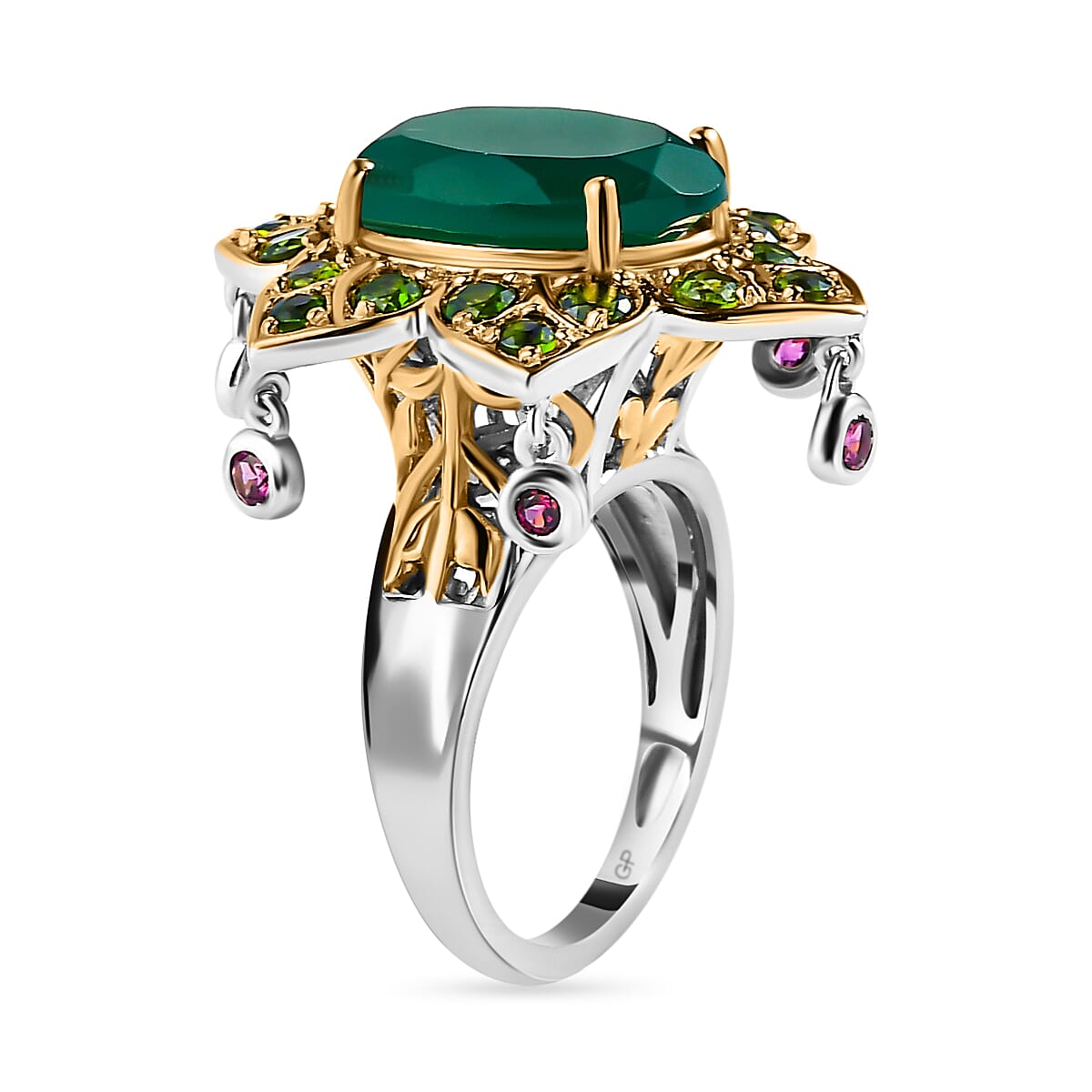 GP- Leaf Collection - Green Onyx, Rhodolite Garnet and Natural Chrome Diopside Ring in 18K Yellow Gold Vermeil Plated Sterling Silver 6.85 Ct
