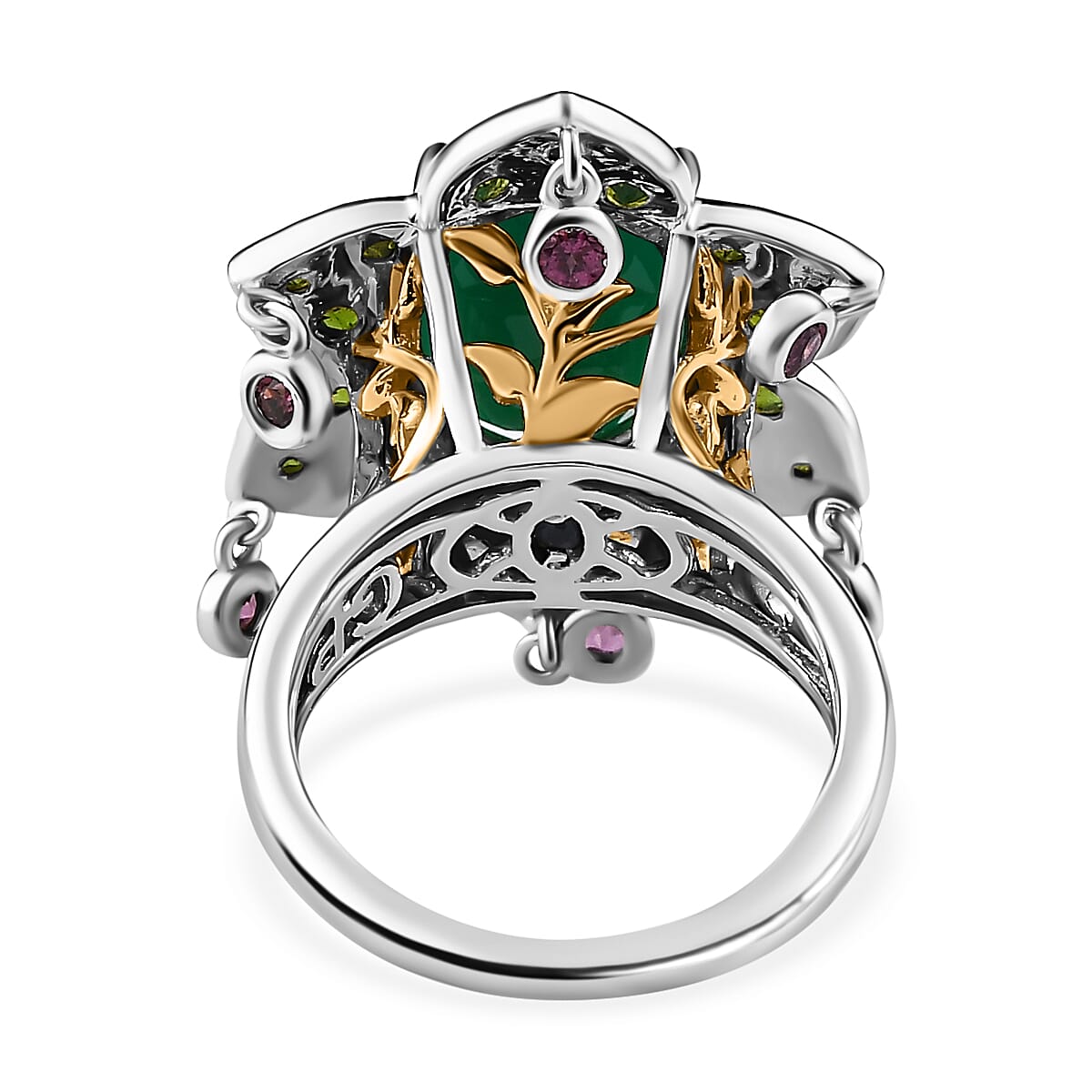 GP- Leaf Collection - Green Onyx, Rhodolite Garnet and Natural Chrome Diopside Ring in 18K Yellow Gold Vermeil Plated Sterling Silver 6.85 Ct