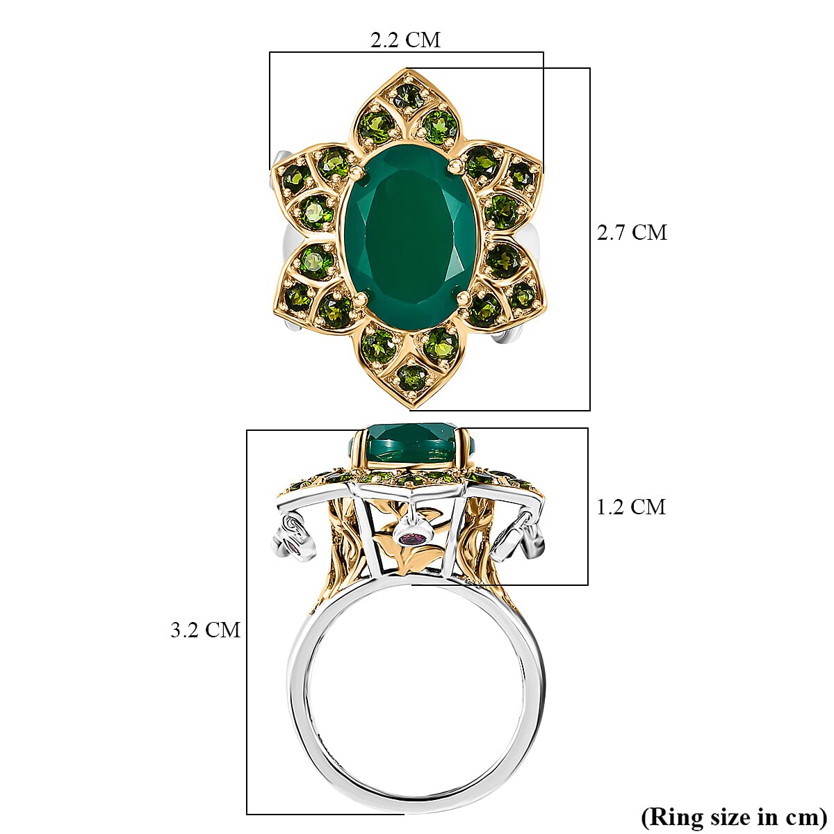 GP- Leaf Collection - Green Onyx, Rhodolite Garnet and Natural Chrome Diopside Ring in 18K Yellow Gold Vermeil Plated Sterling Silver 6.85 Ct