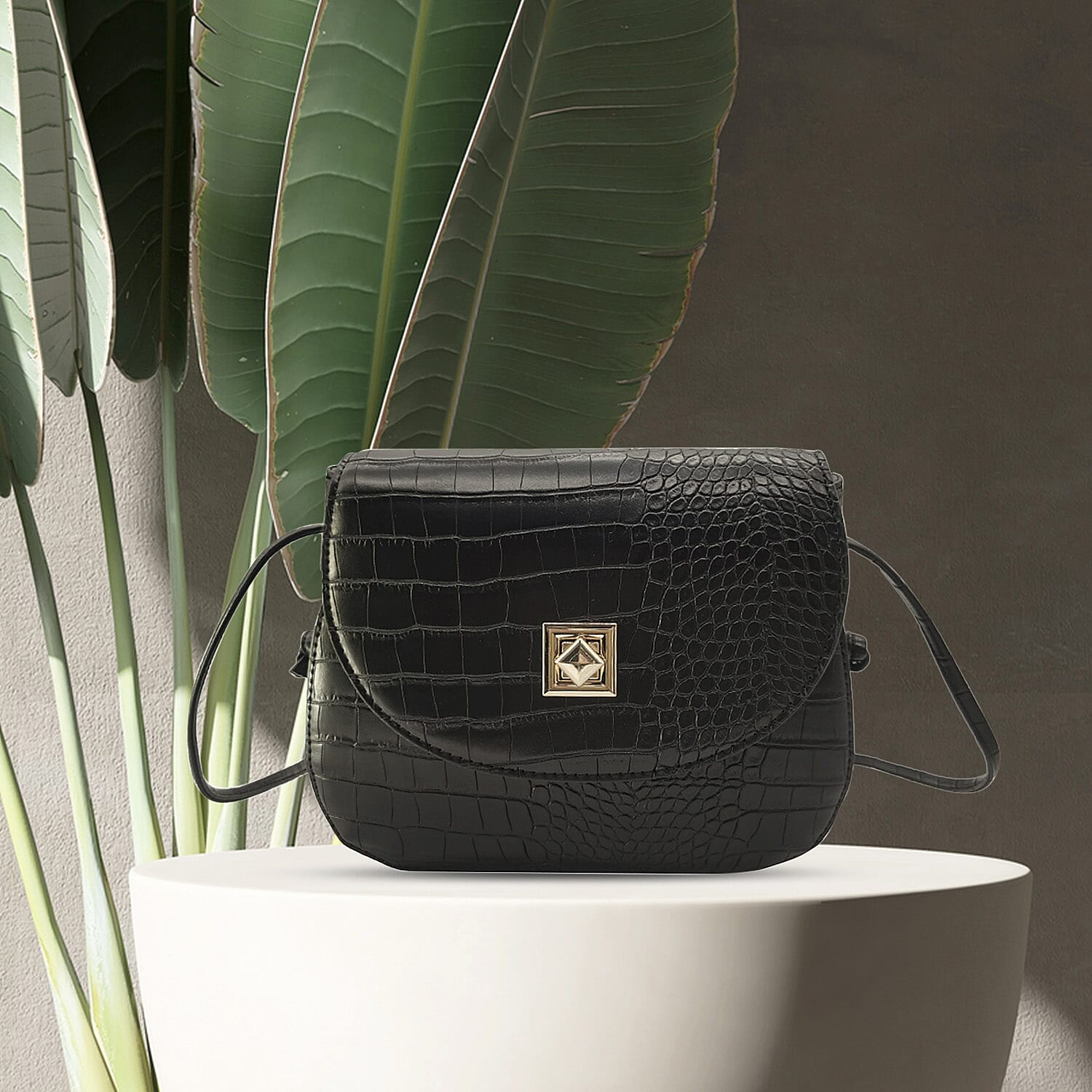 Polyurethane Crossbody Bag (Size 9x24x20 cm) - Black