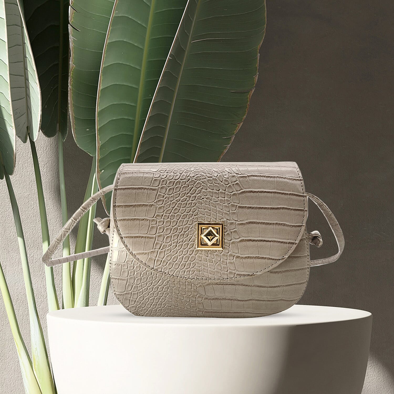 Croc Embossed Twistlock Shoulder Bag - Grey