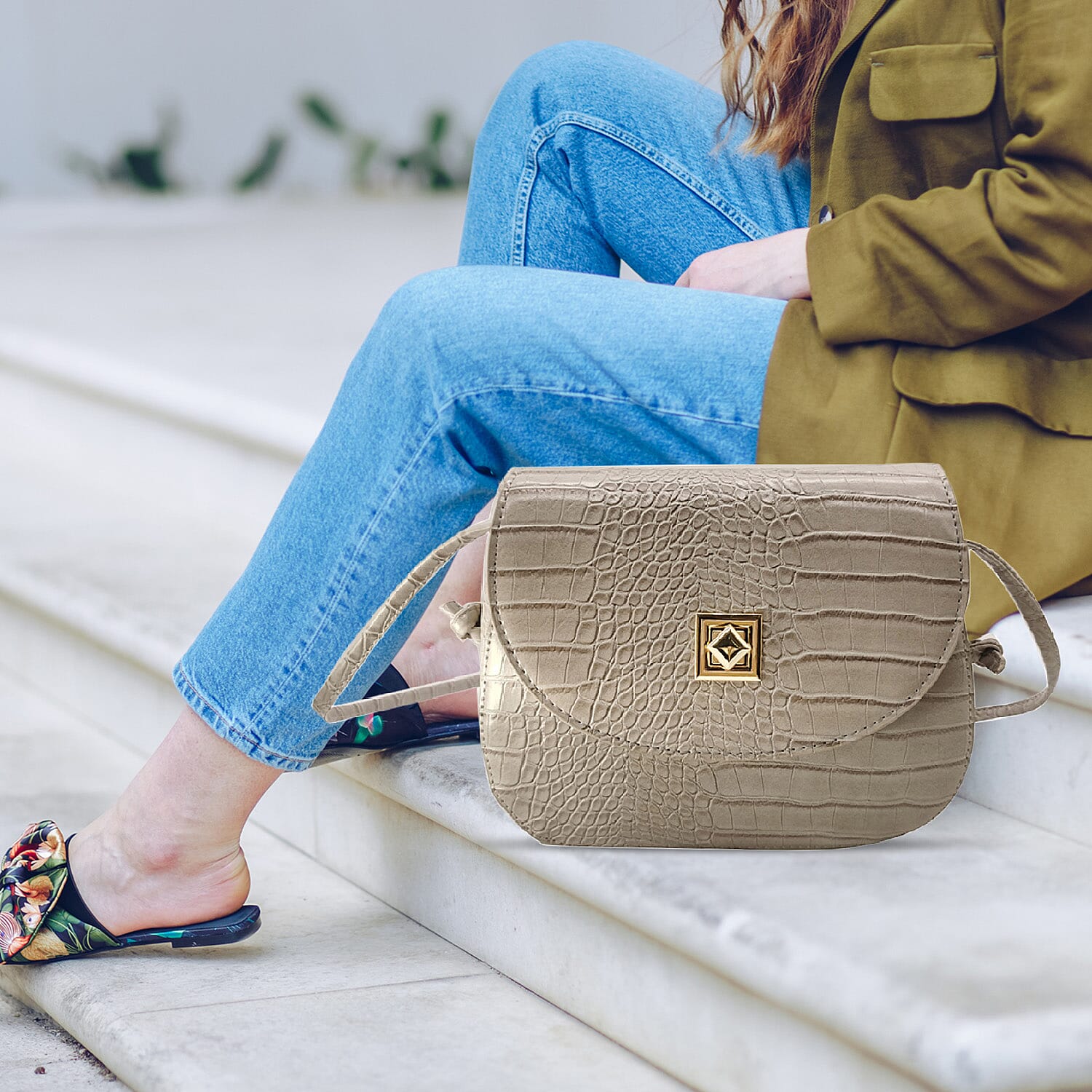 Croc Embossed Twistlock Shoulder Bag - Grey