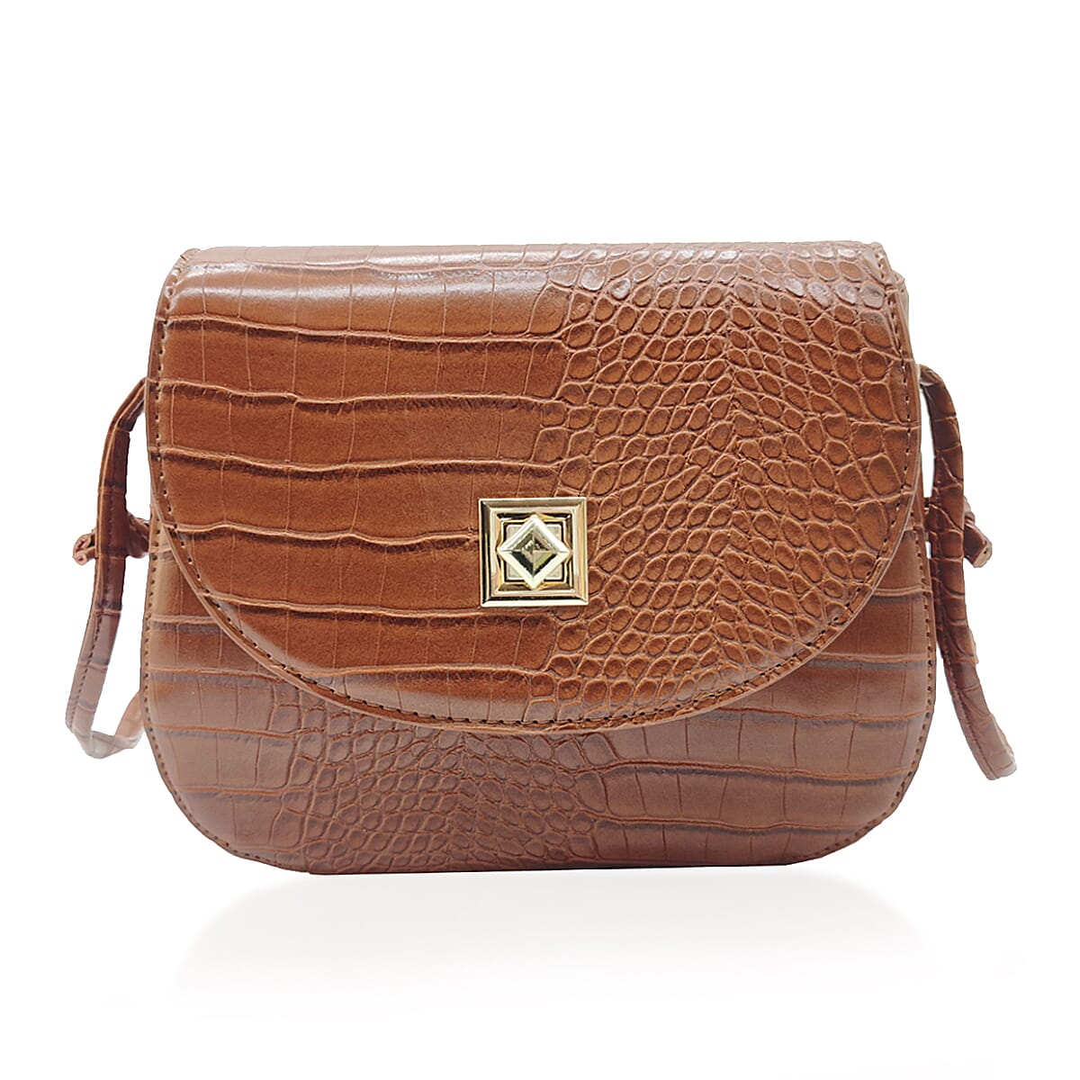 Croc Embossed Twistlock Shoulder Bag - Tan