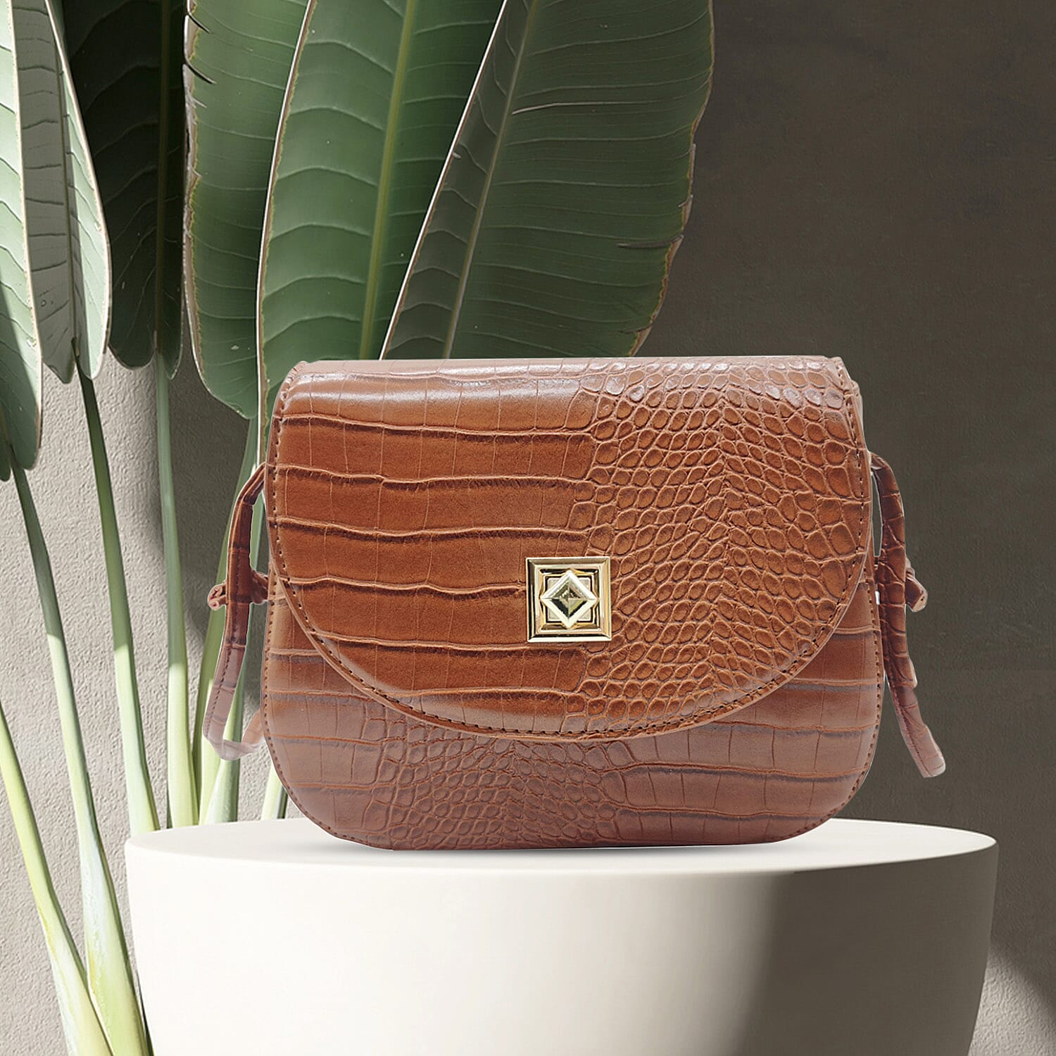 Croc Embossed Twistlock Shoulder Bag - Tan