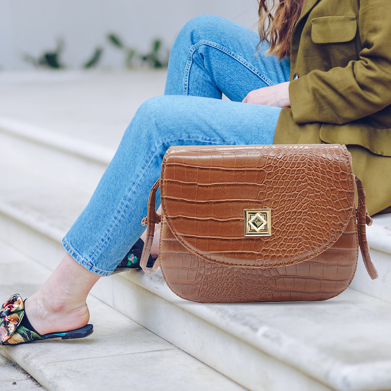 Croc Embossed Twistlock Shoulder Bag - Tan