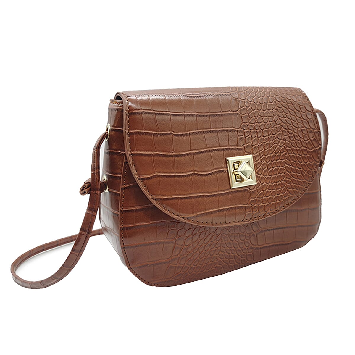 Croc Embossed Twistlock Shoulder Bag - Tan