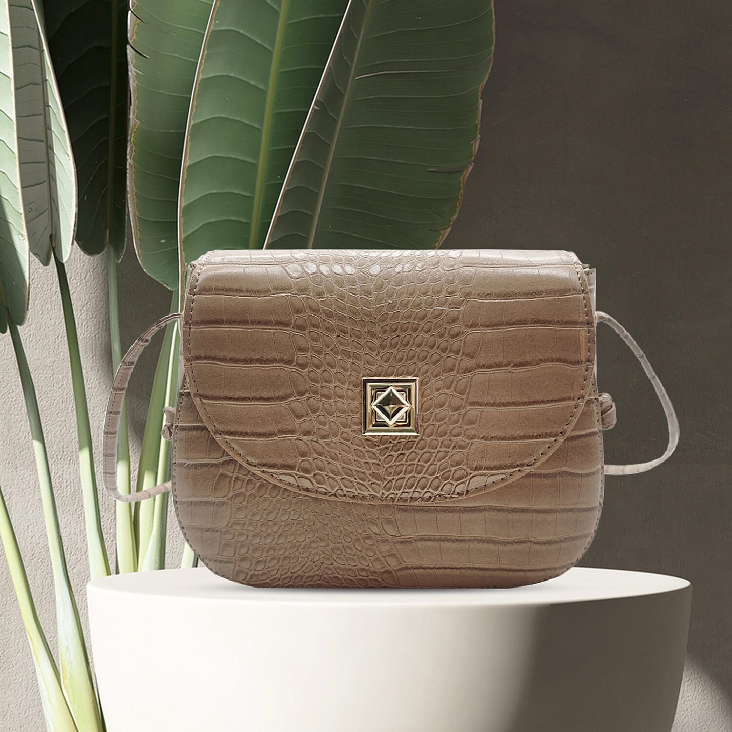 Croc Embossed Twistlock Shoulder Bag - Mink