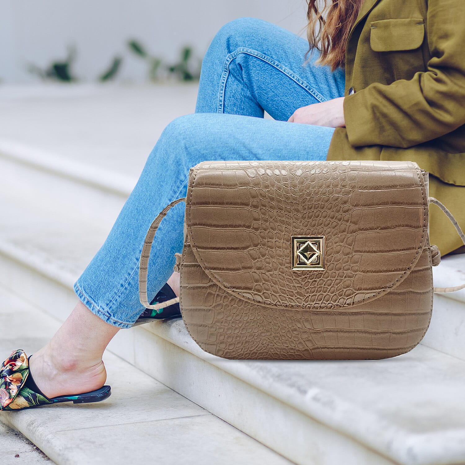 Croc Embossed Twistlock Shoulder Bag - Mink