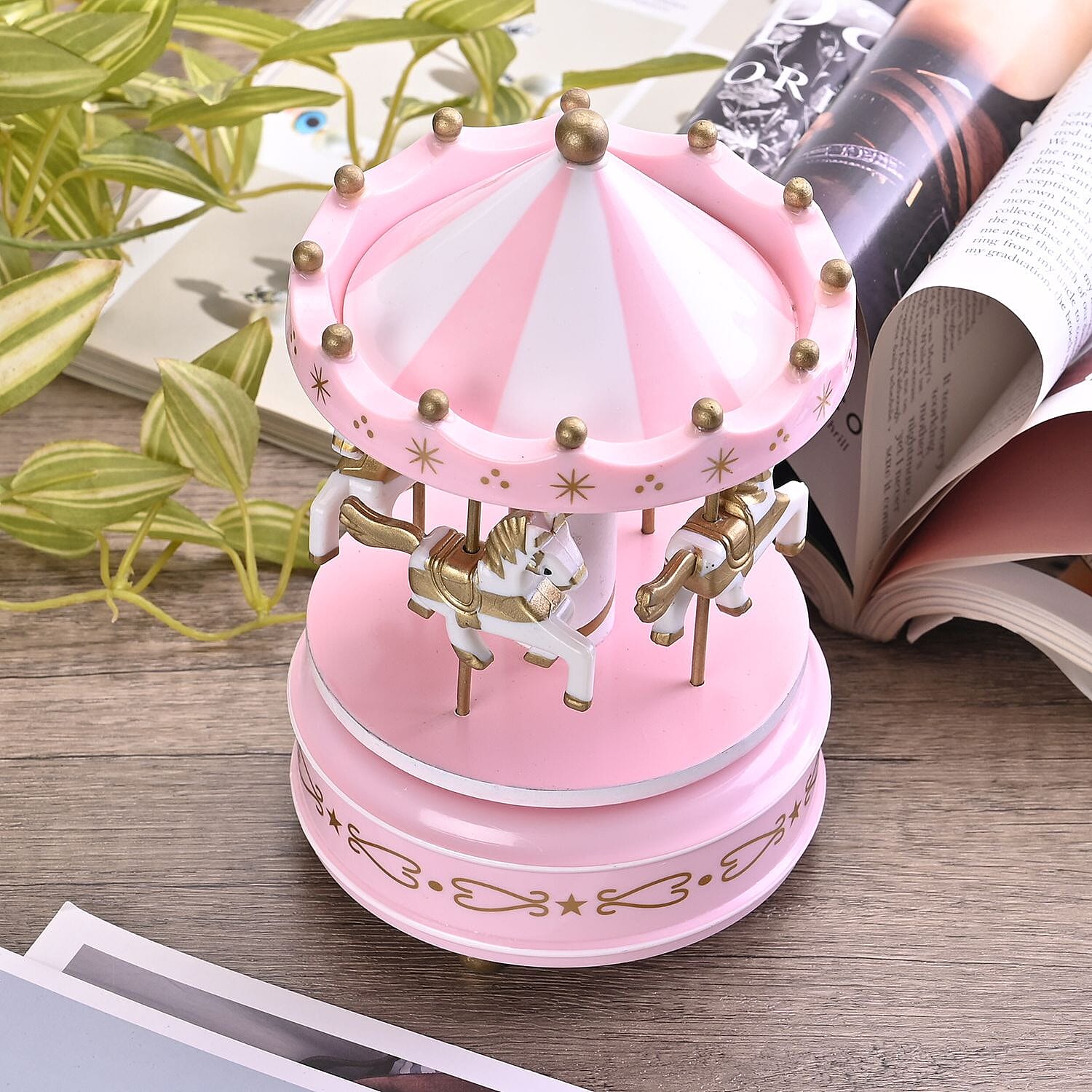 Handcrafted 4-horse Wood Carousel Musical Box - White & Pink