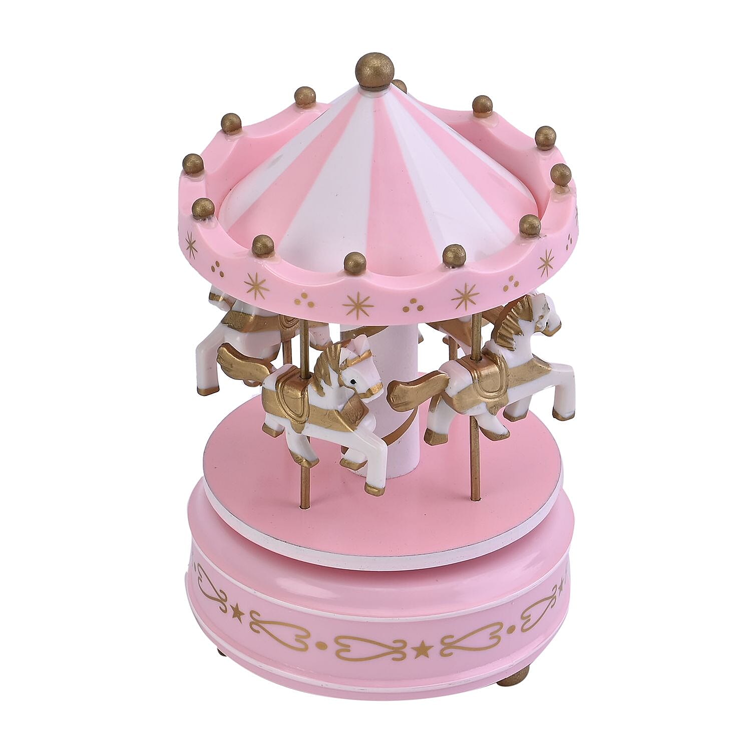 Handcrafted 4-horse Wood Carousel Musical Box - White & Pink