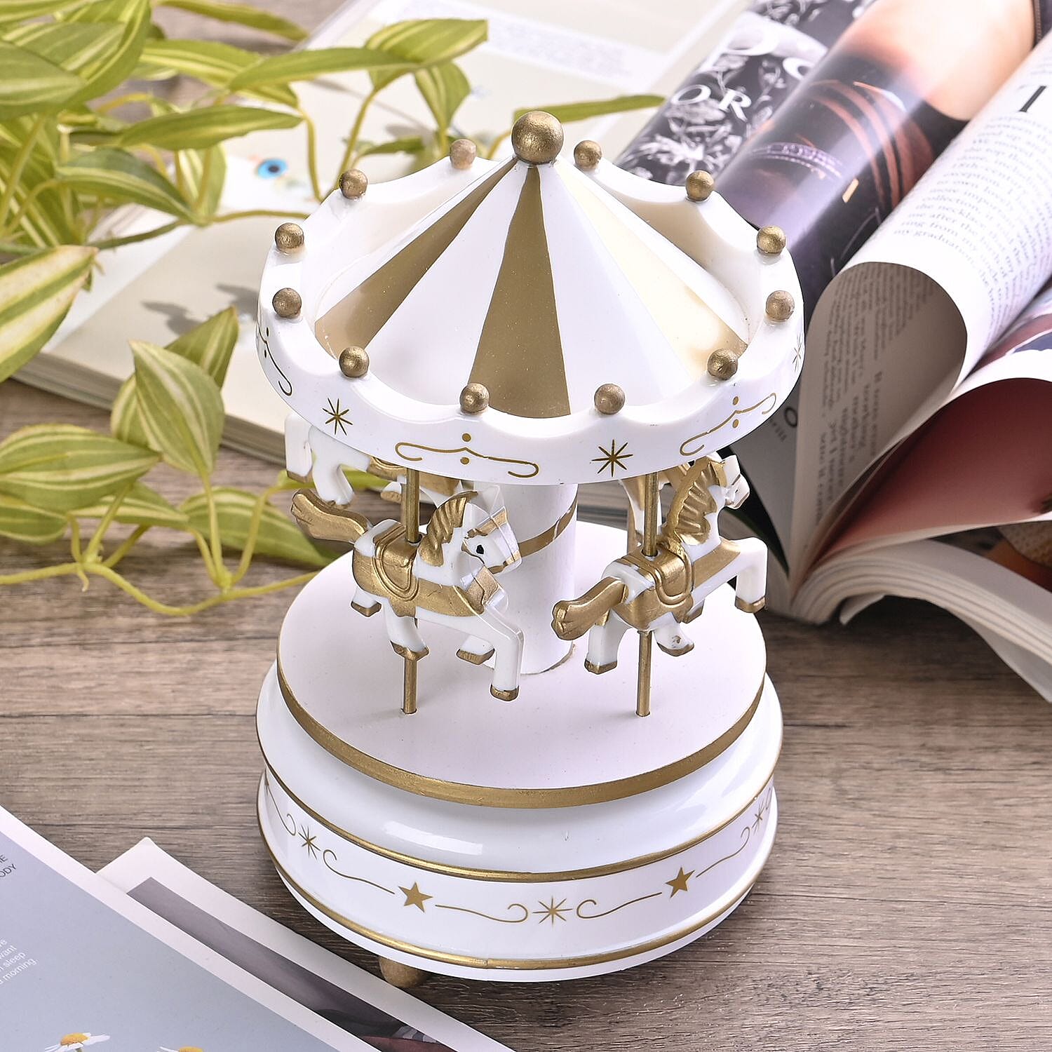 Handcrafted 4-horse Wood Carousel Musical Box - White
