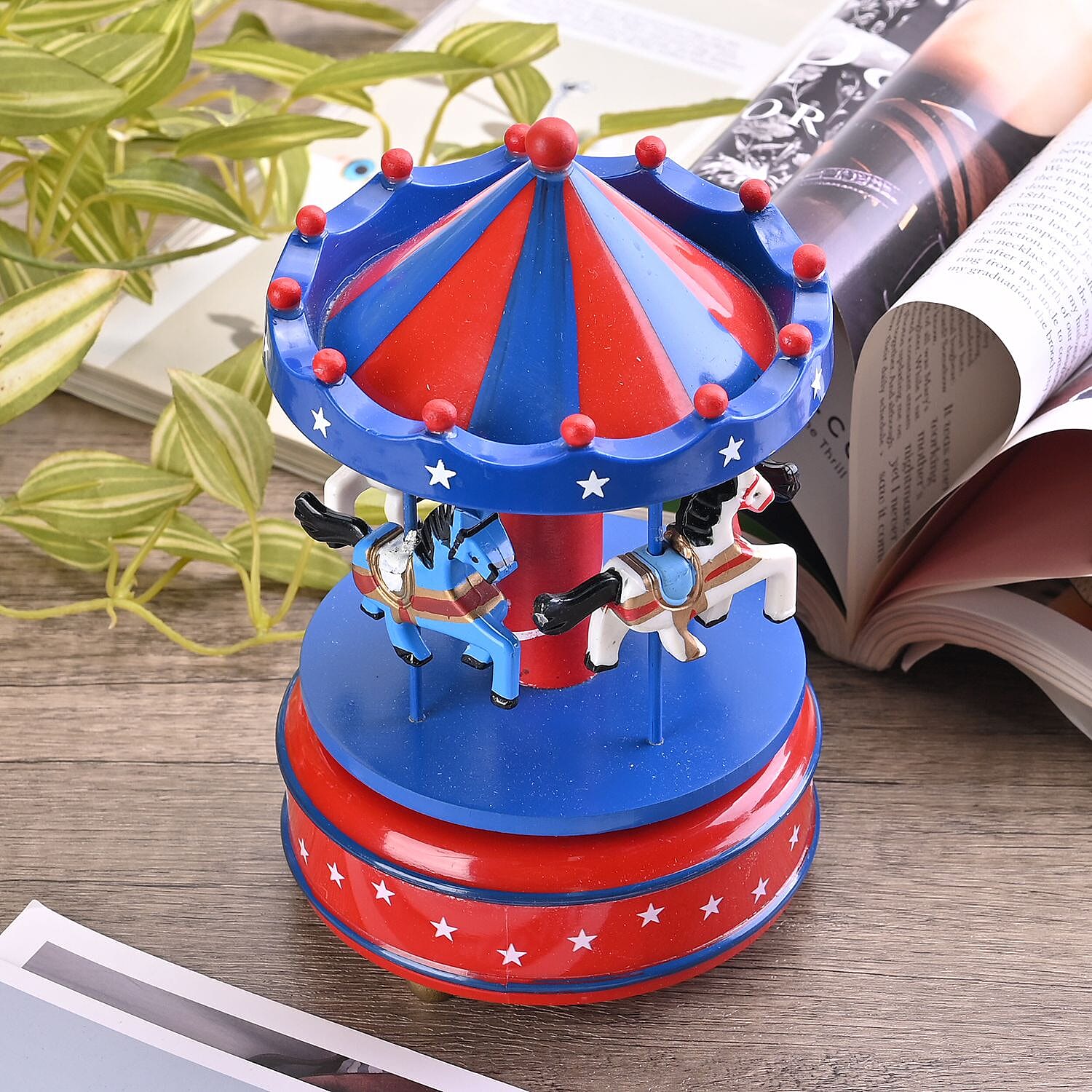Handcrafted 4-horse Wood Carousel Musical Box - Navy & Red
